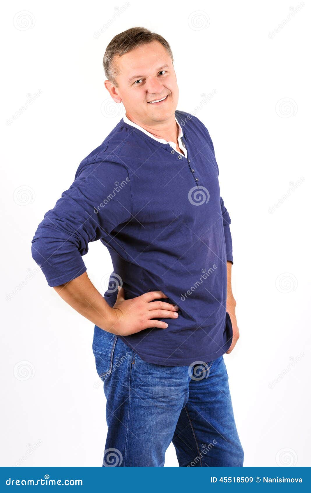 Casually Dressed Middle Aged Man in Jeans and Smiling Stock Image ...