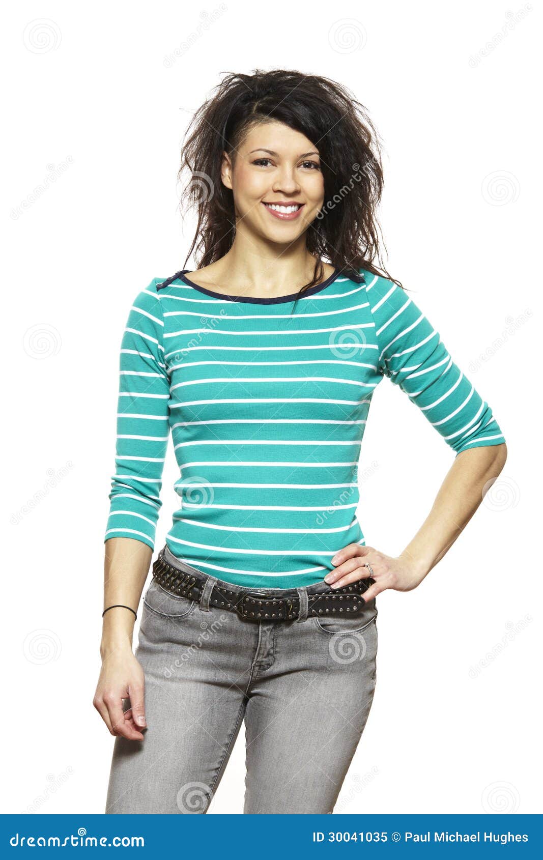 casually dressed young woman smiling