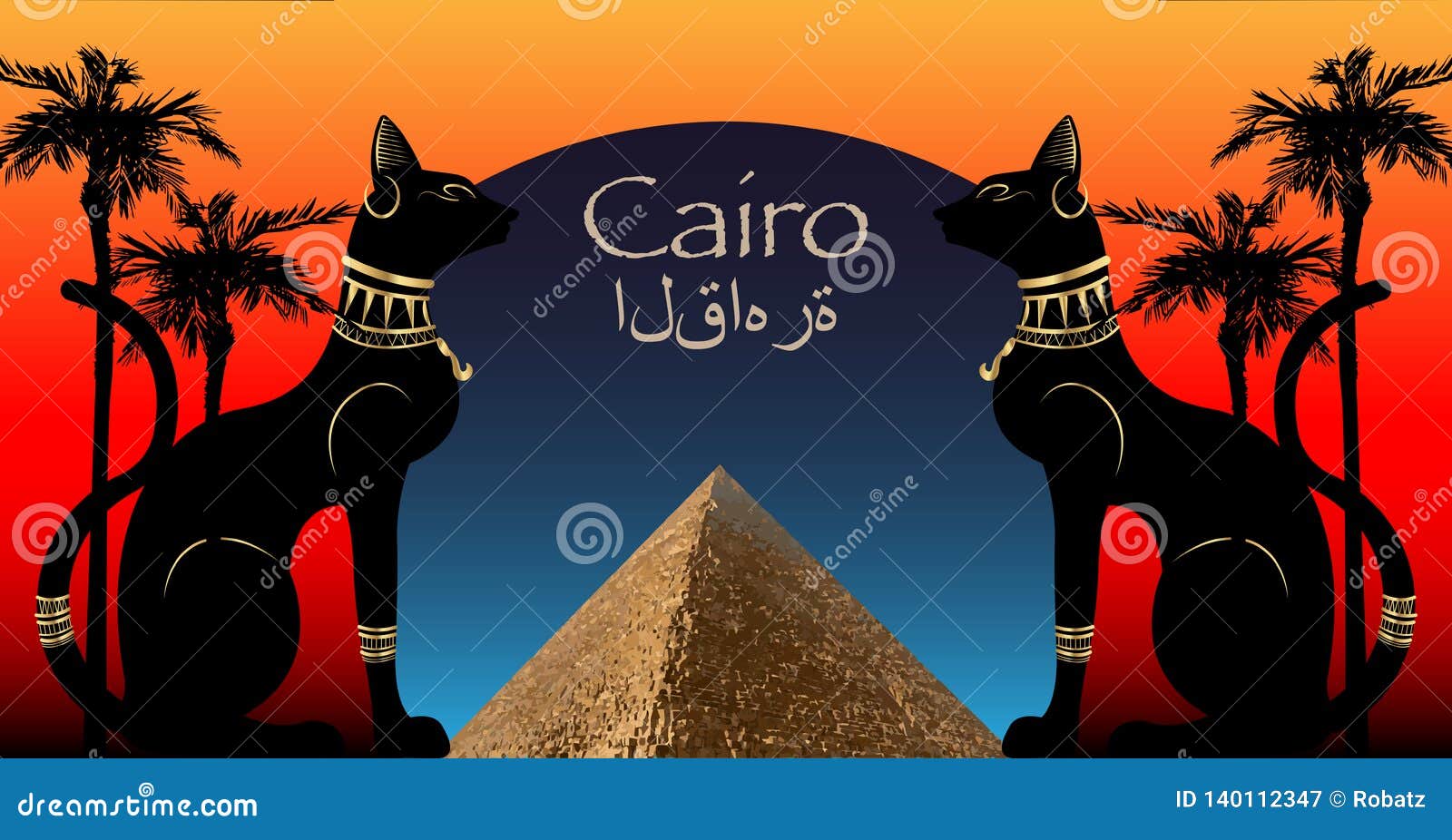 Egyptian Cats and Antique Pyramid. Bastet, Ancient Egypt Goddess and