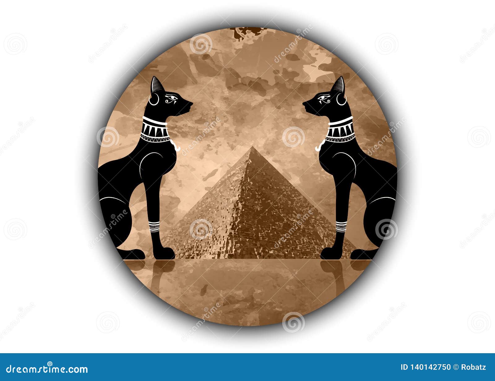 Egyptian Cats and Antique Egypt Pyramid. Bastet, Ancient Egypt Goddess