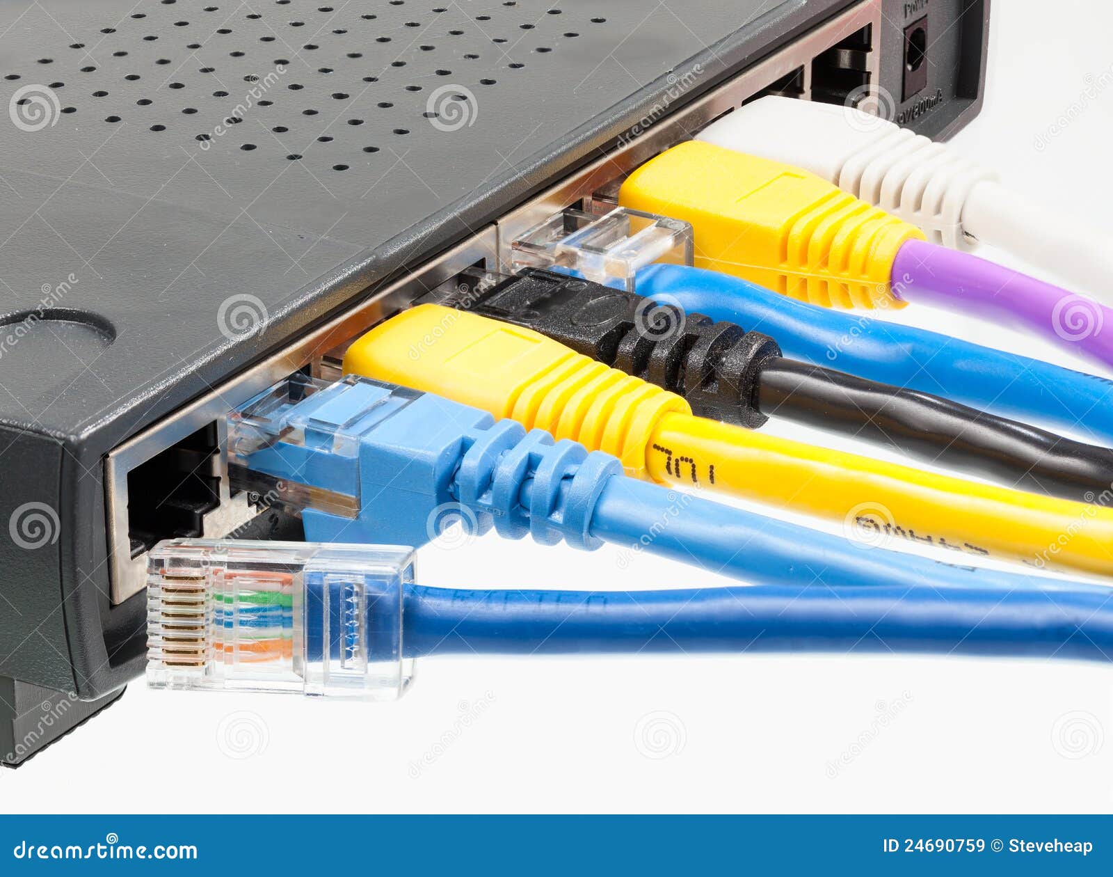 Cat 5 Cables In Multiple Colors In Router Stock Image Image of