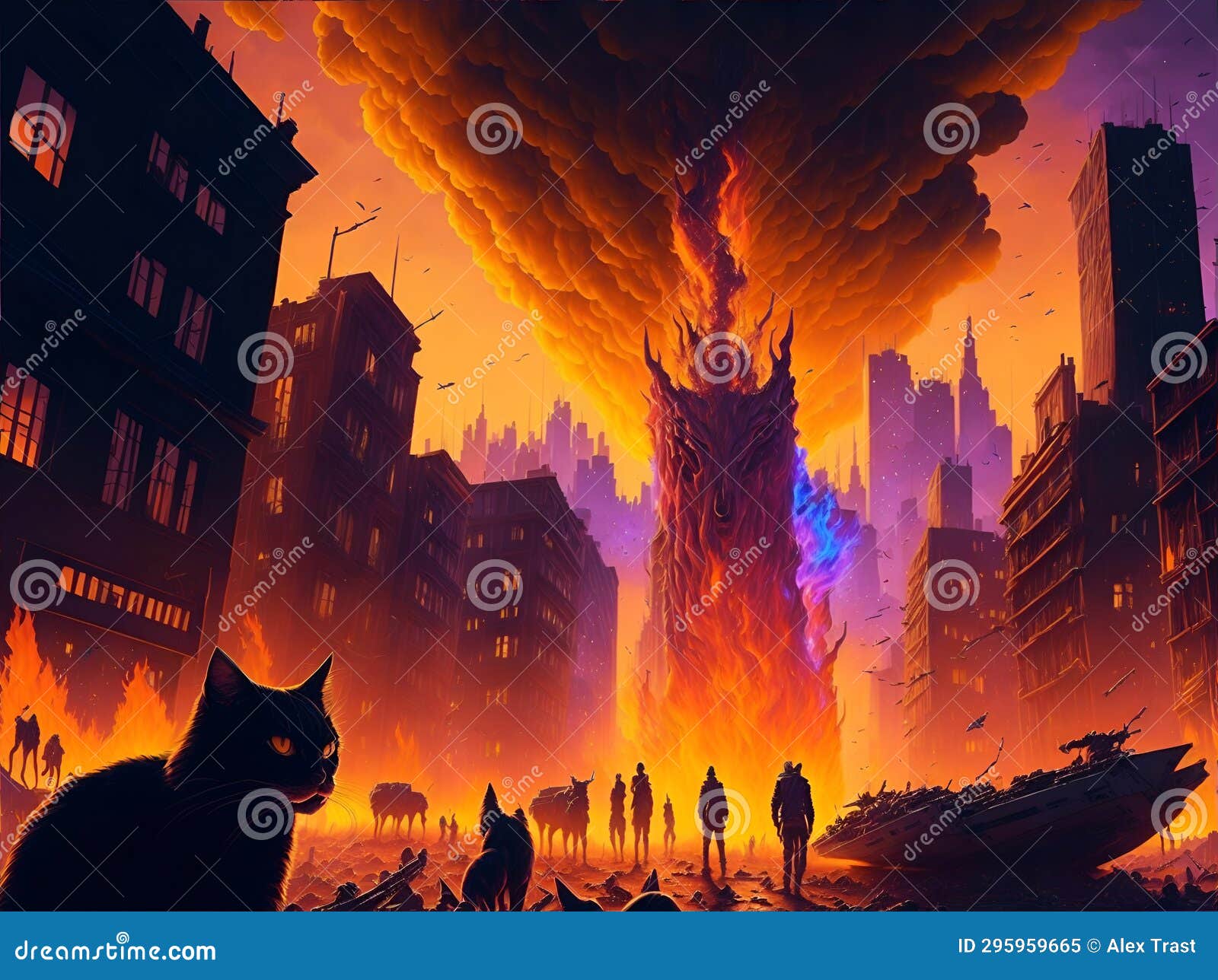 cat amidst the blaze. ai generated