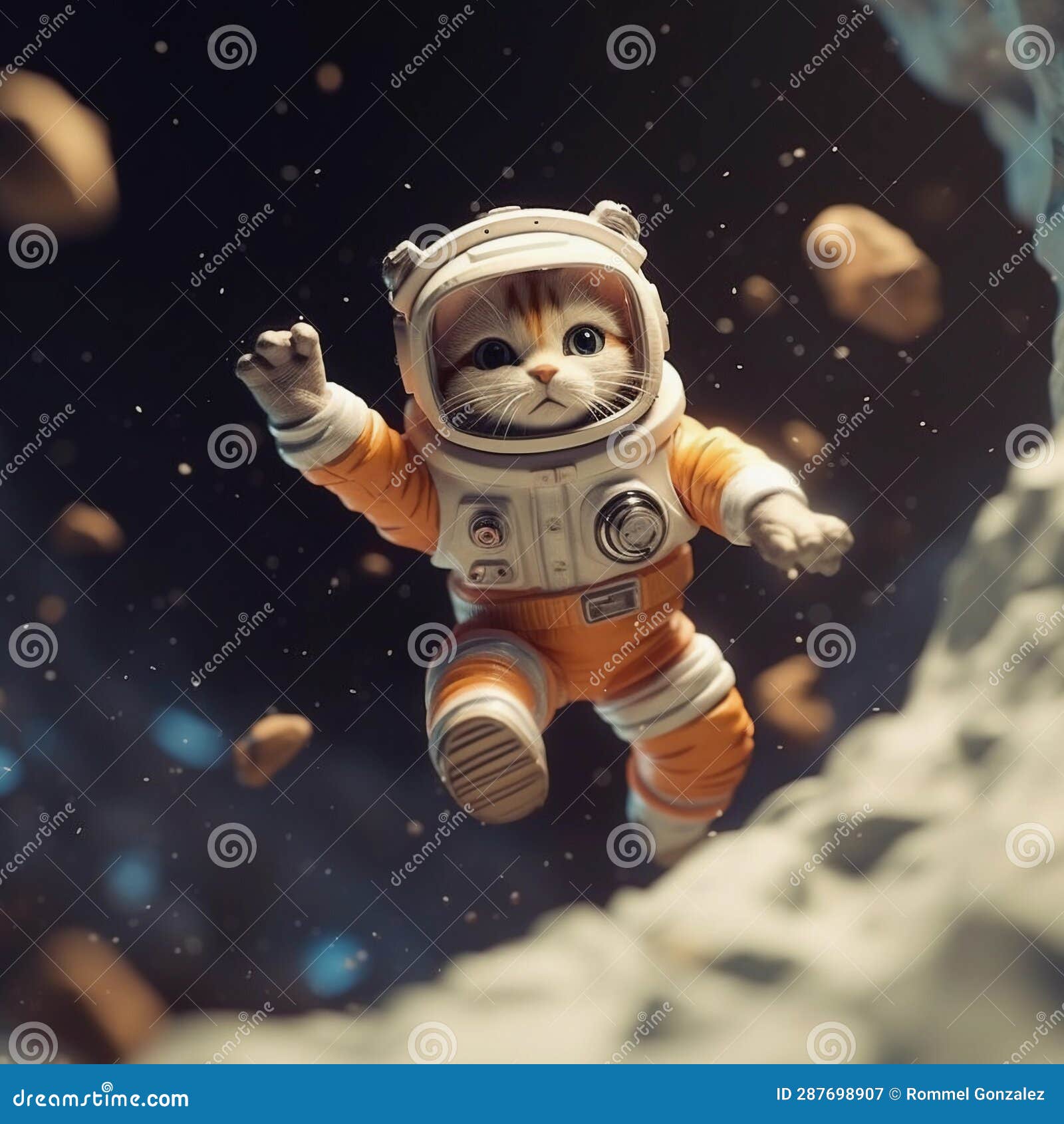 cat astronaut walking on lunar surface. espacial travel concept