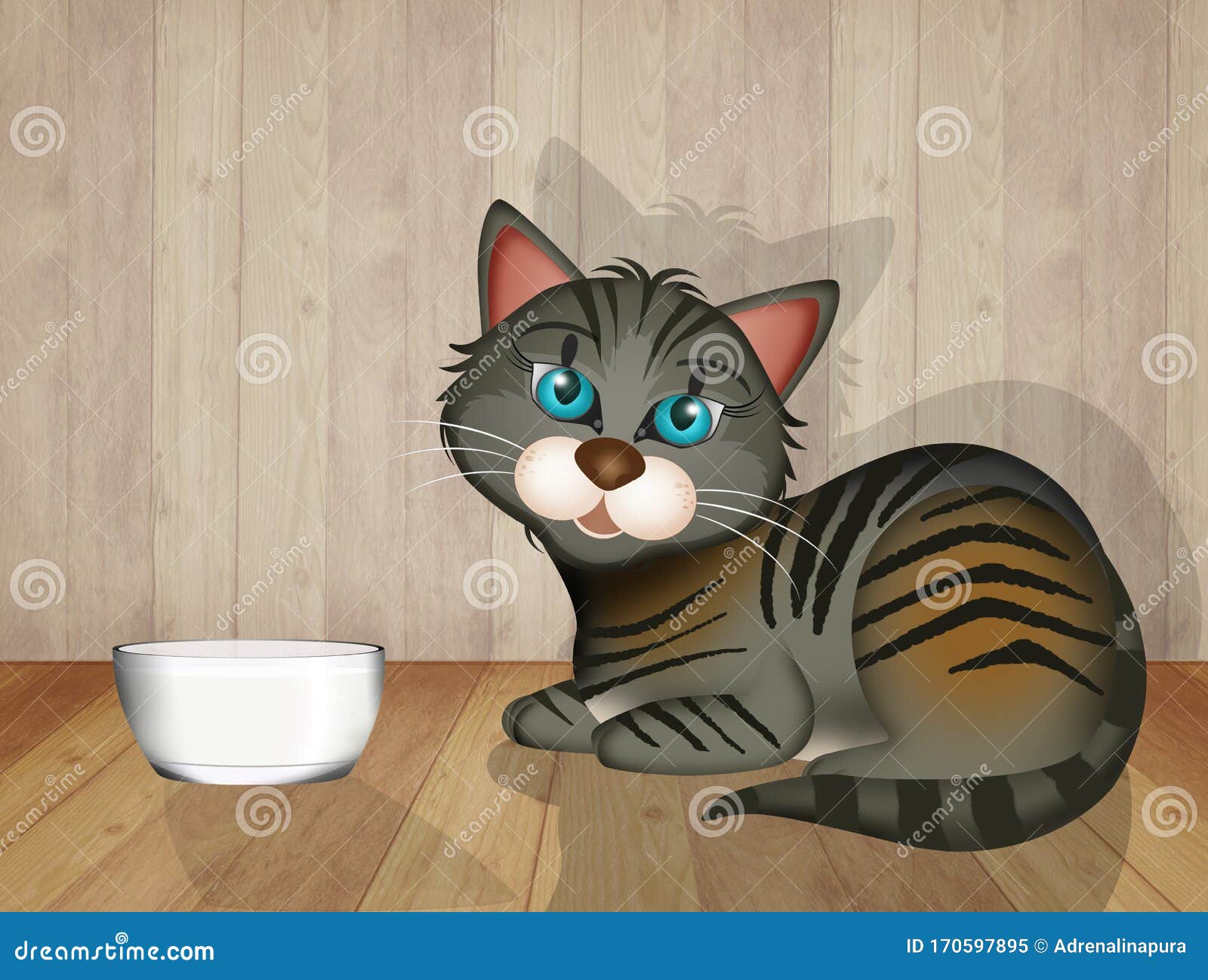 Cat and bowl of milk stock illustration. Illustration of funny 170597895