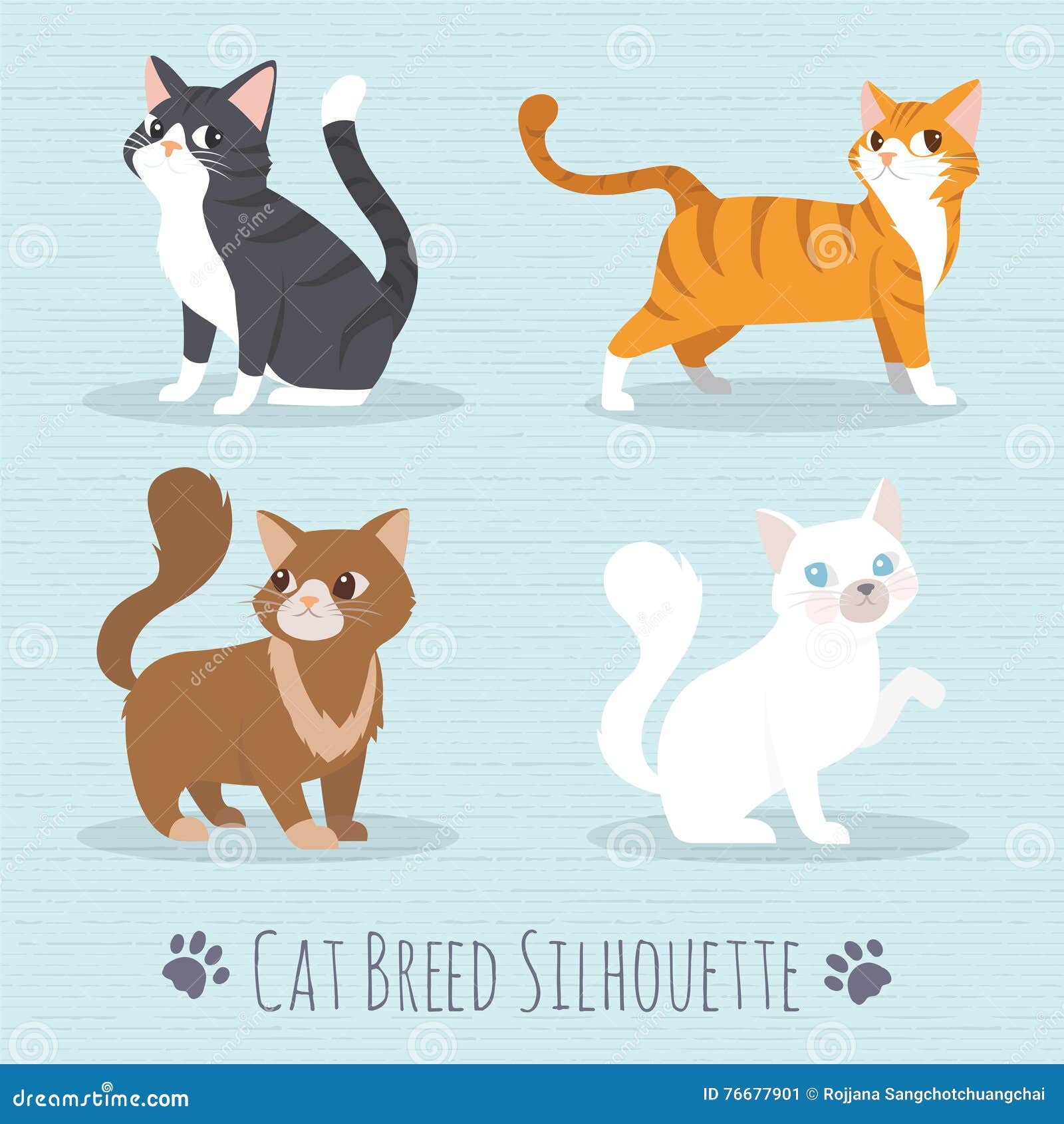 Set Of Cute Cats Icons, Vector Flat Illustrations. Animals Breeds