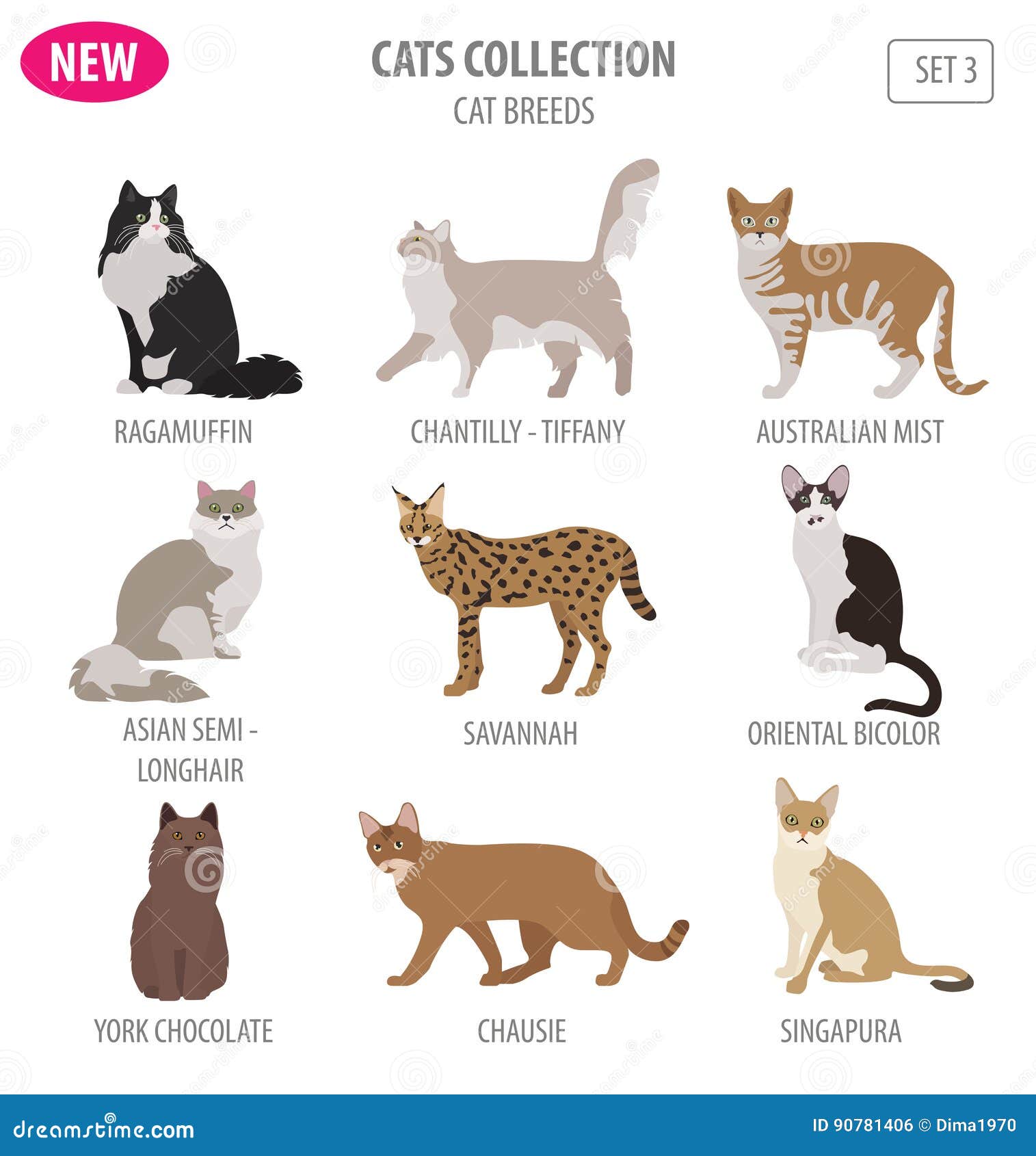 Cat icon set in flat style. vector illustration