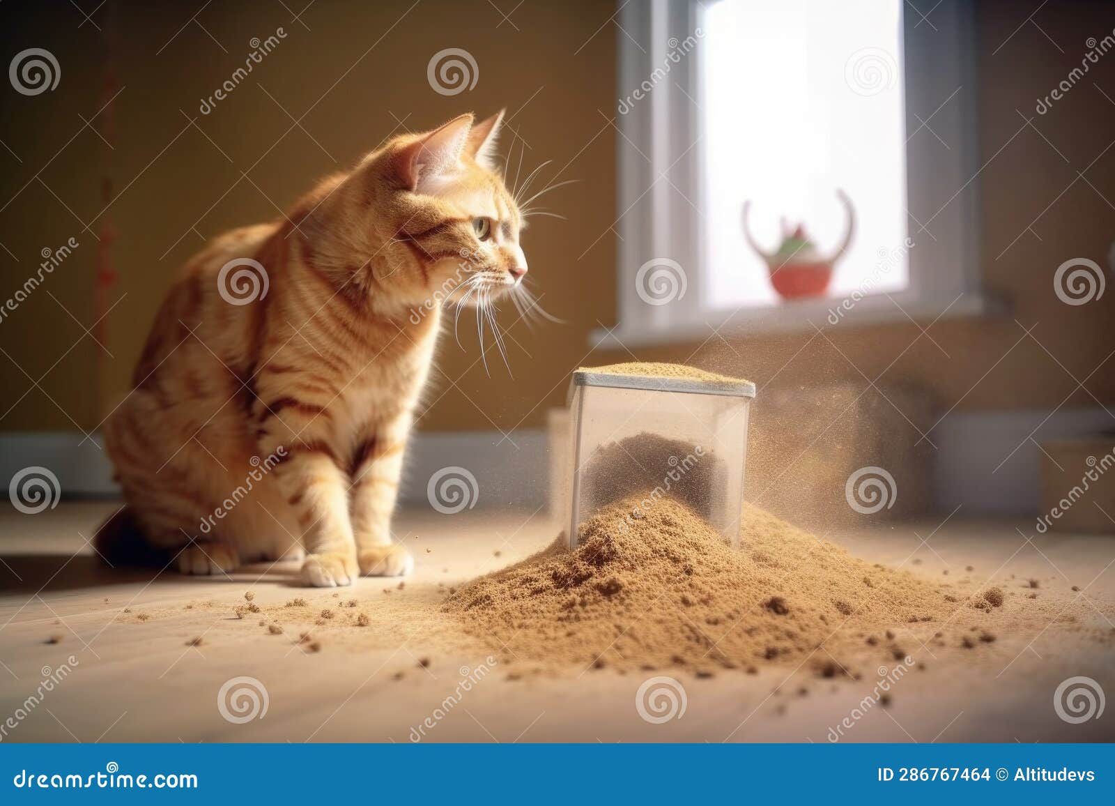 Cat Burying Waste in Litter Box with Focus on Sand Stock Photo Image