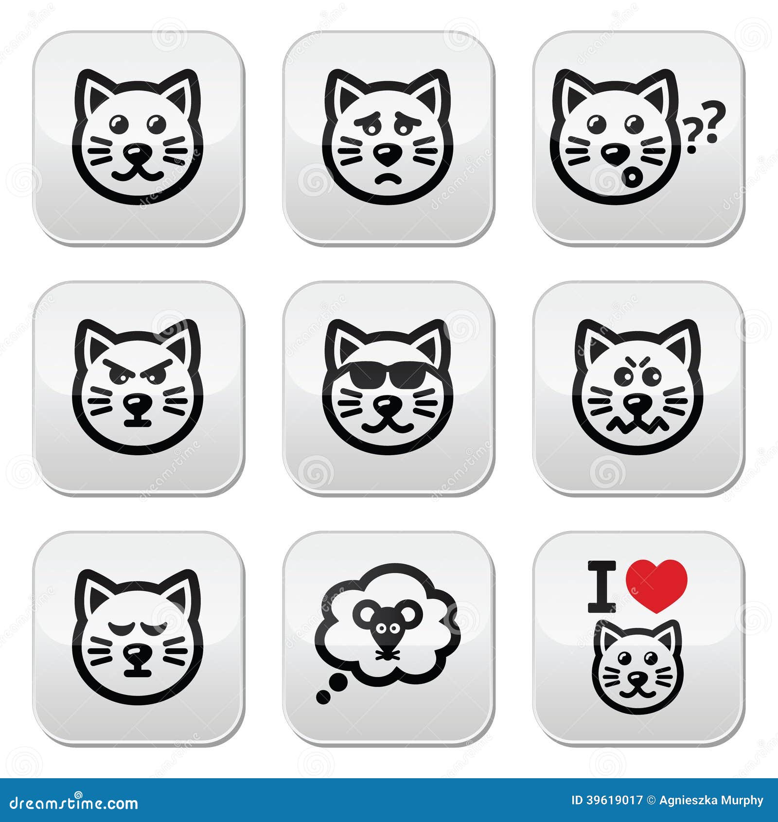 Set cat icons isolated on black and white Vector Image