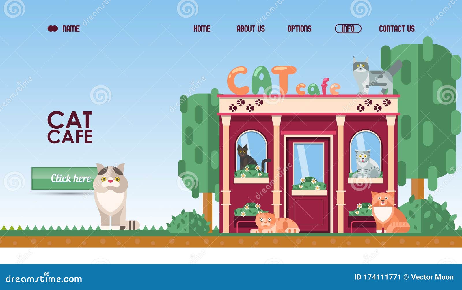 Cat Cafe Vector Illustration for Landing Page or Website Design with Six Cute  Funny Kittens Near Red House with Paw Stock Vector - Illustration of  concept, background: 174111771