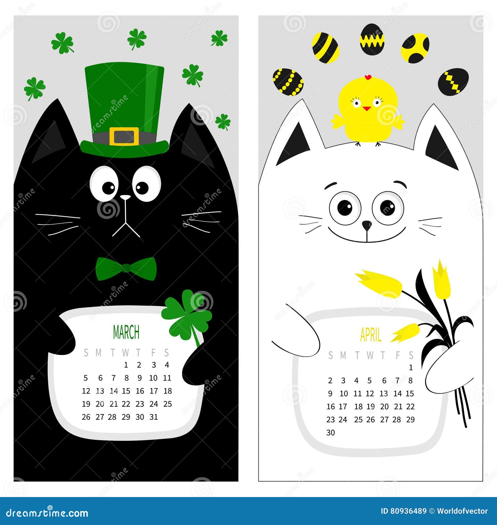 Cat Calendar 2017. Cute Funny Cartoon Character Set. March April Spring