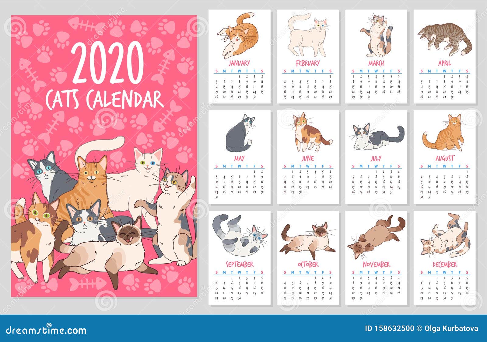 Cat Calendar. 2020 Year Planner with Cute Cats, Funny Kitten Hand Drawn
