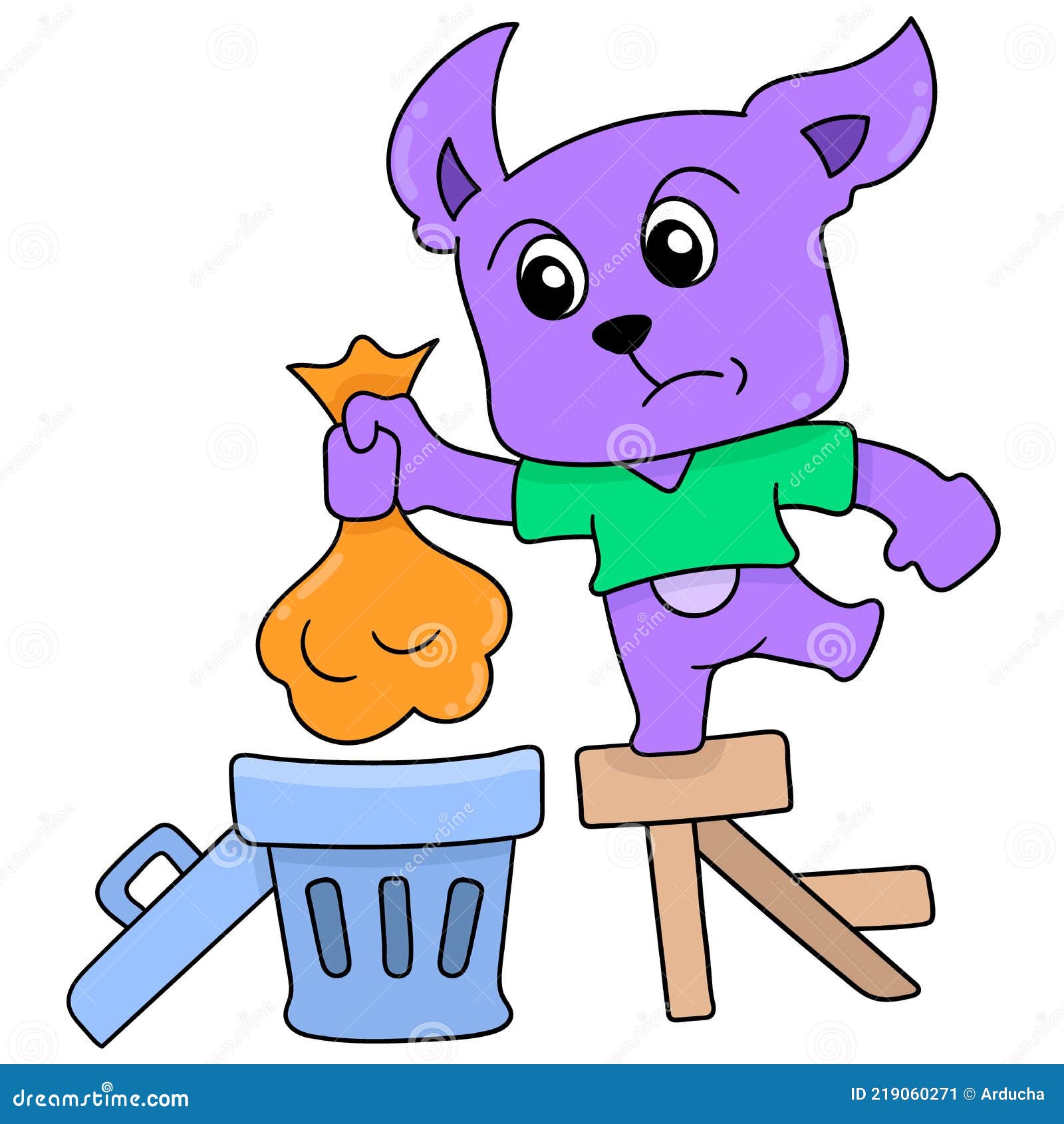 Cat in a Clean Manner Throws the Trash in the Trash Can, Doodle Icon