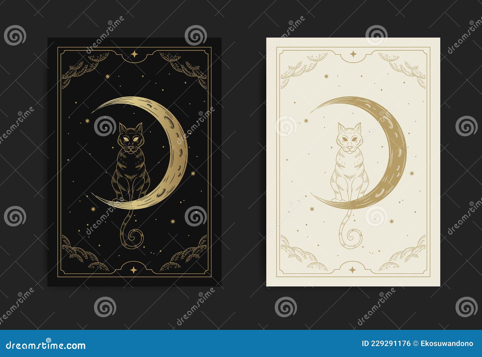 cat and crescent moon in the night sky in carved, luxurious, esoteric, boho style. suitable for spiritualists, psychics, tarot,