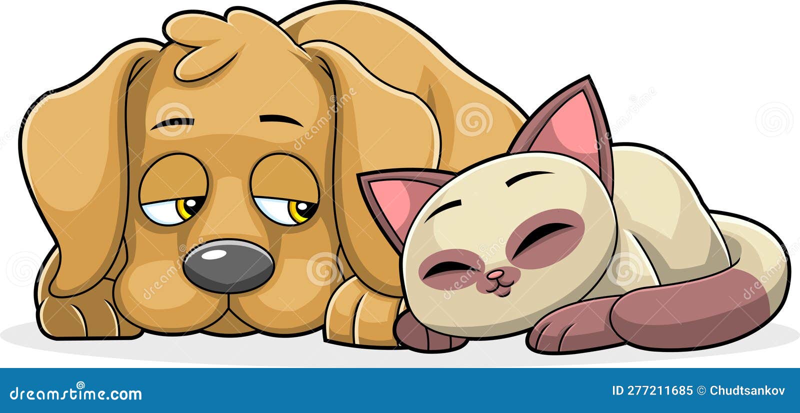 Funny Dog and Cat Cartoon Characters Sleeping Together Stock Vector
