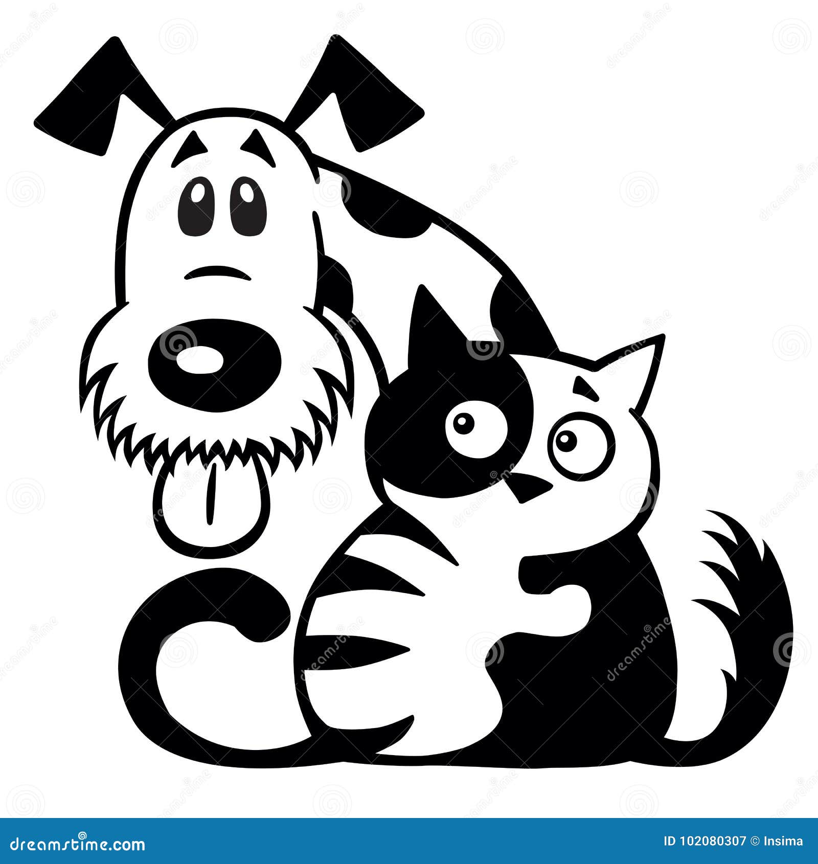 Cat And Dog Friendship Black White Stock Vector - Illustration of