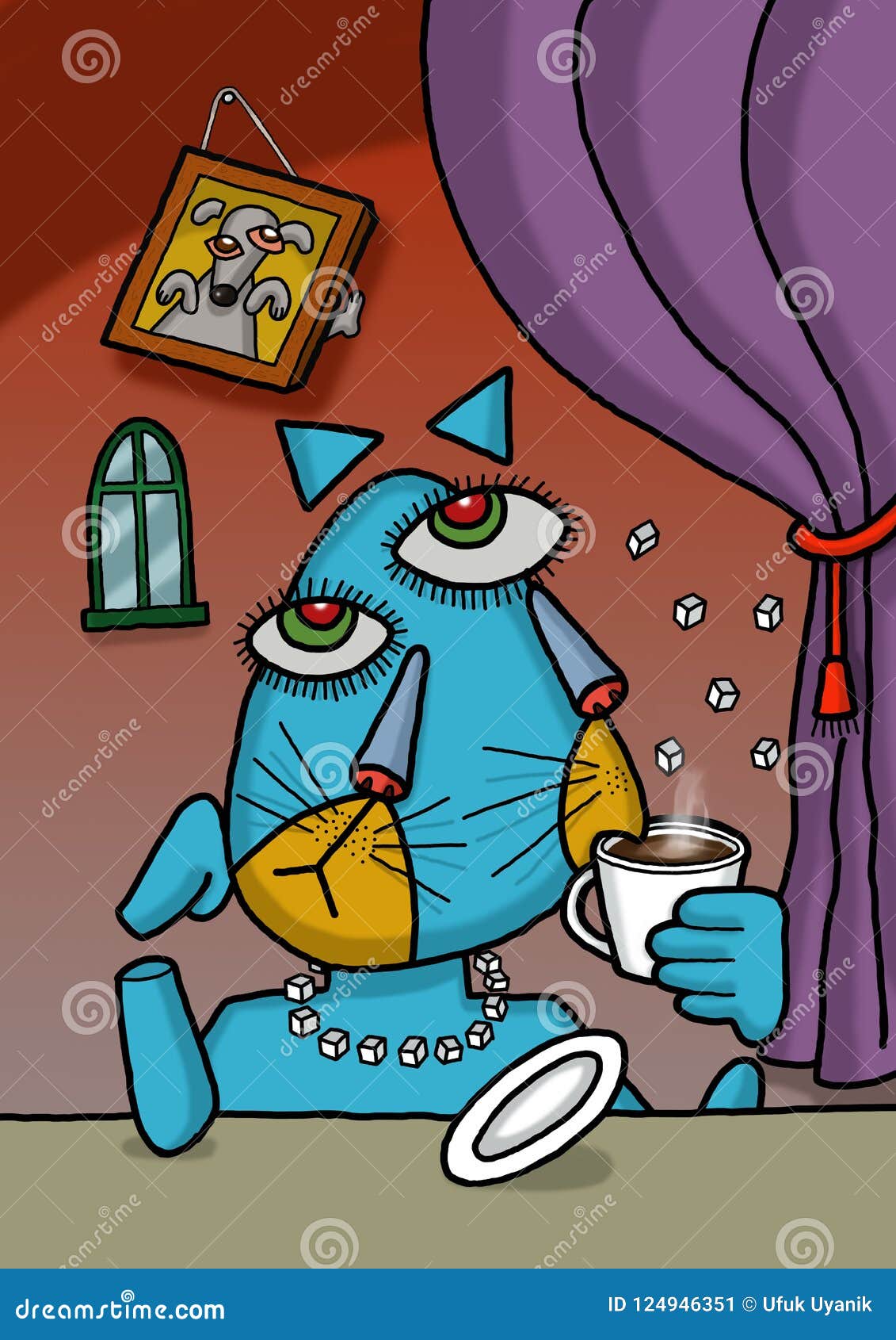 cat is drinking coffee in picasso style