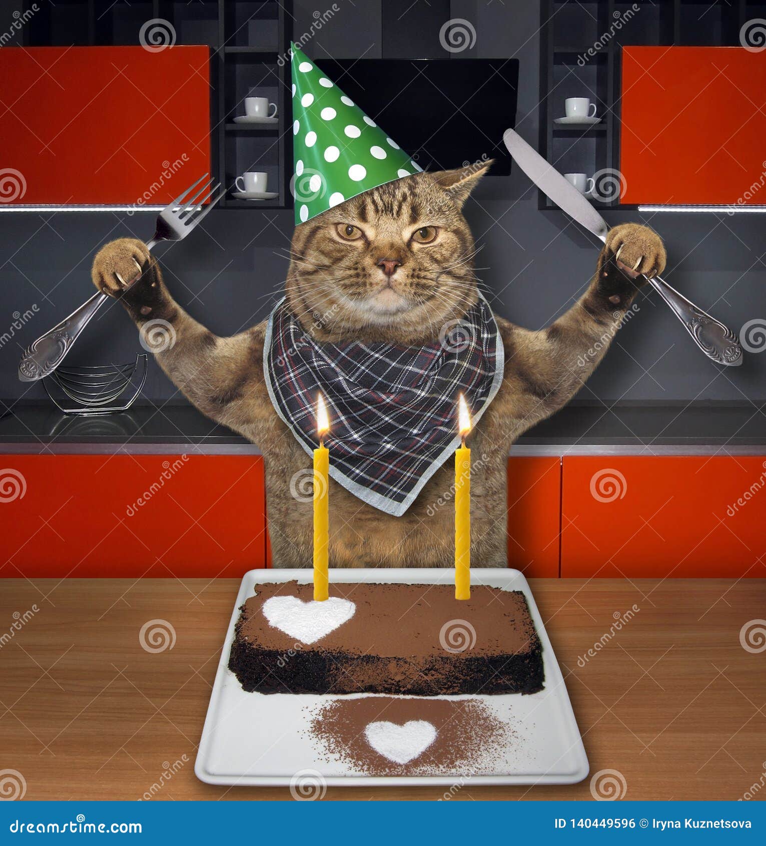 Cat Eating A Chocolate Cake With Candles Stock Photo Image of humor