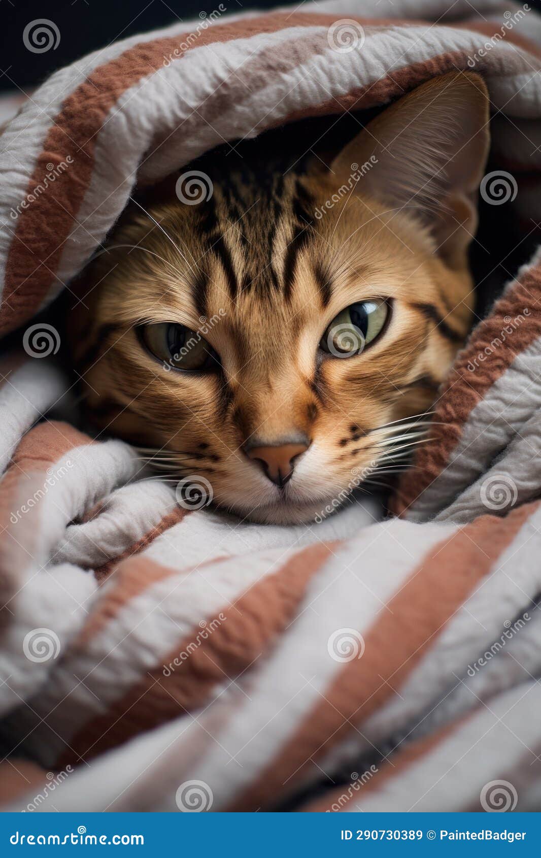 Cat Falling Asleep in a Striped Blanket Stock Illustration