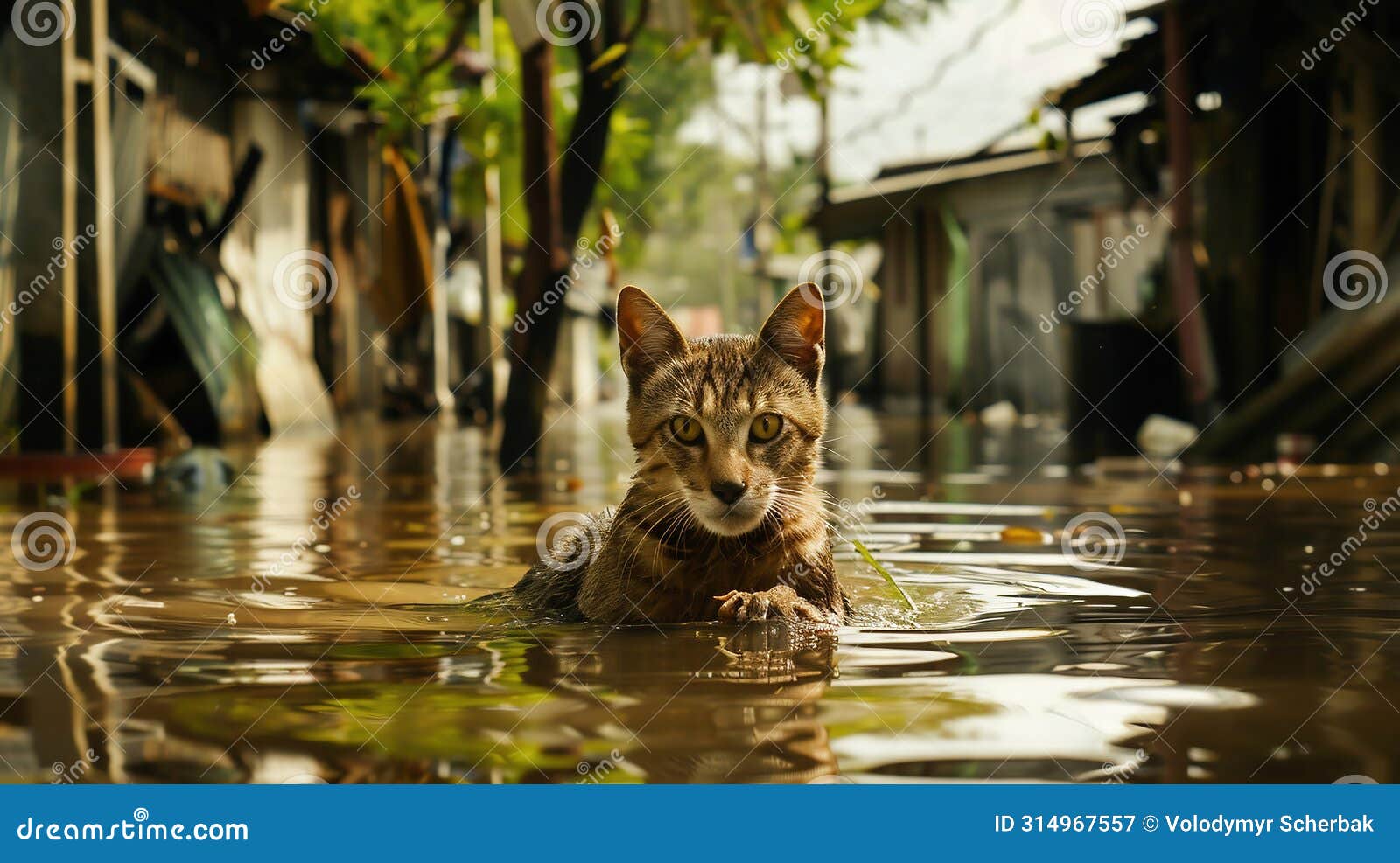 A Cat in the Flood Water. Abandoned Animals during Flooding Stock Image