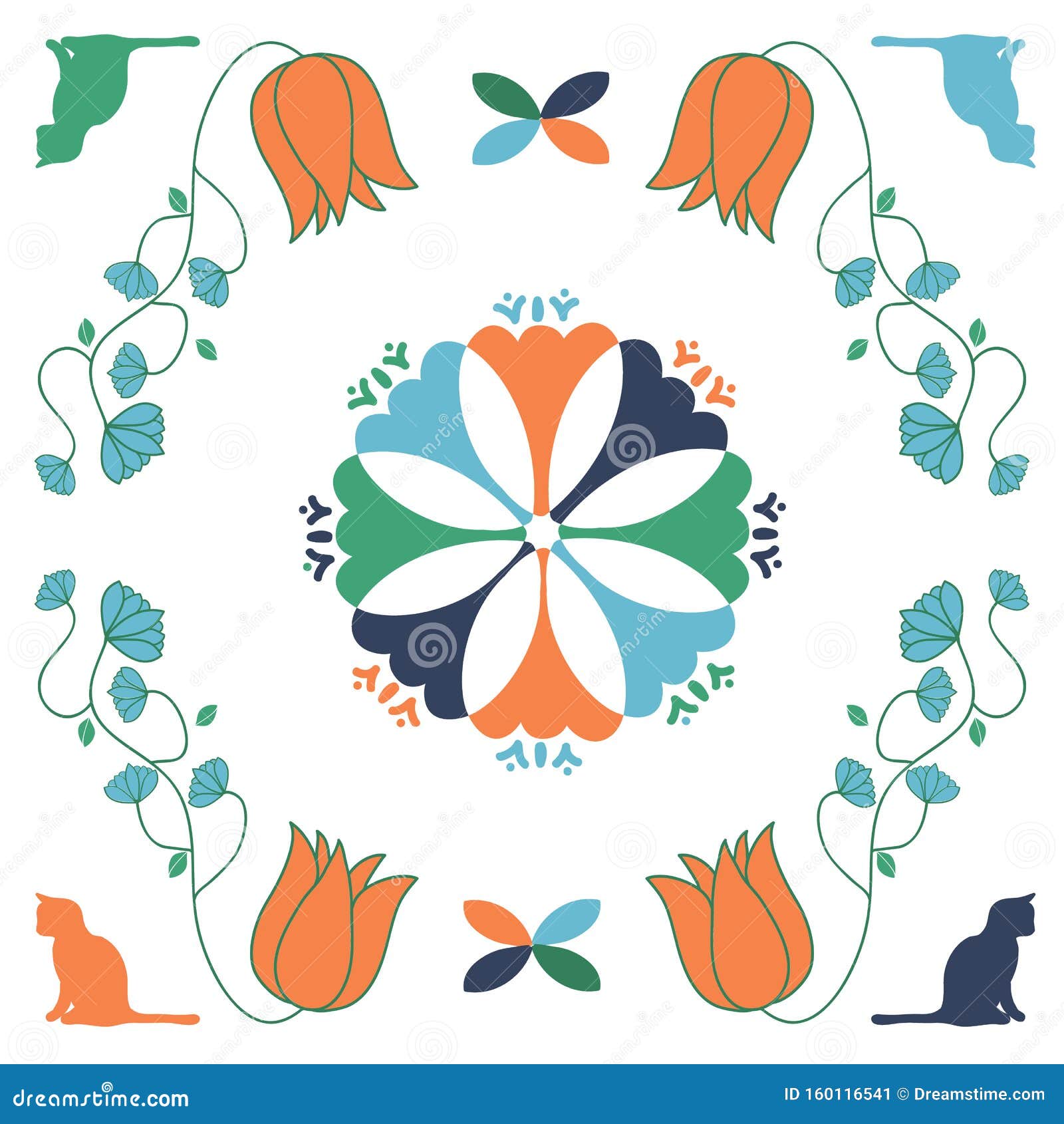 Cat Folk Art Quilt Square Vector Seamless Repeat Pattern Stock Vector