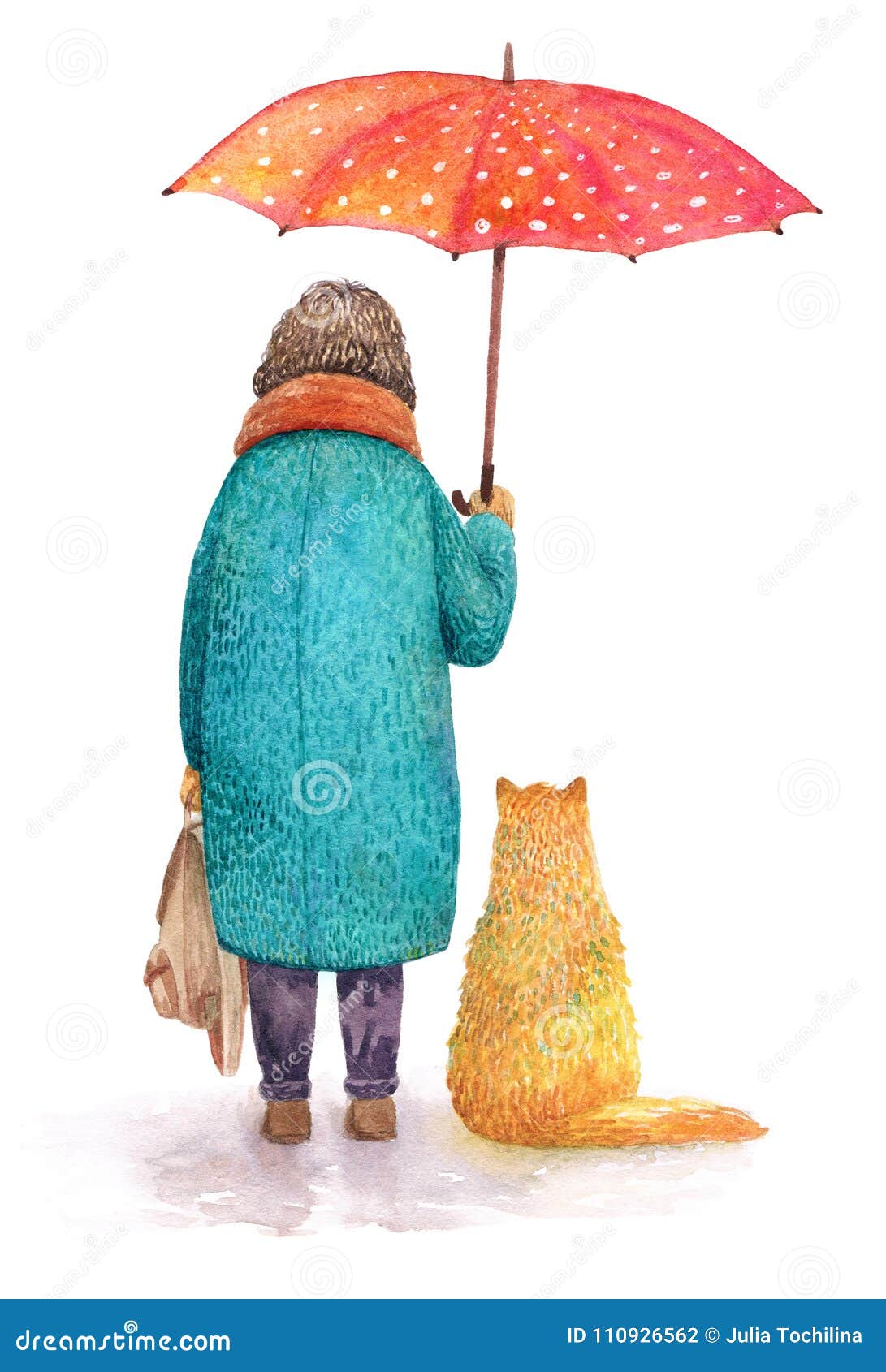 a cat and a girl under un umbrella. watercolor .