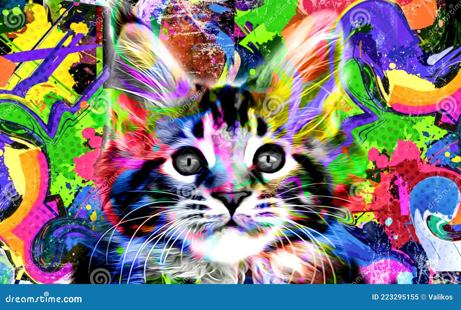 Cat Head with Creative Abstract Elements on White Background Stock