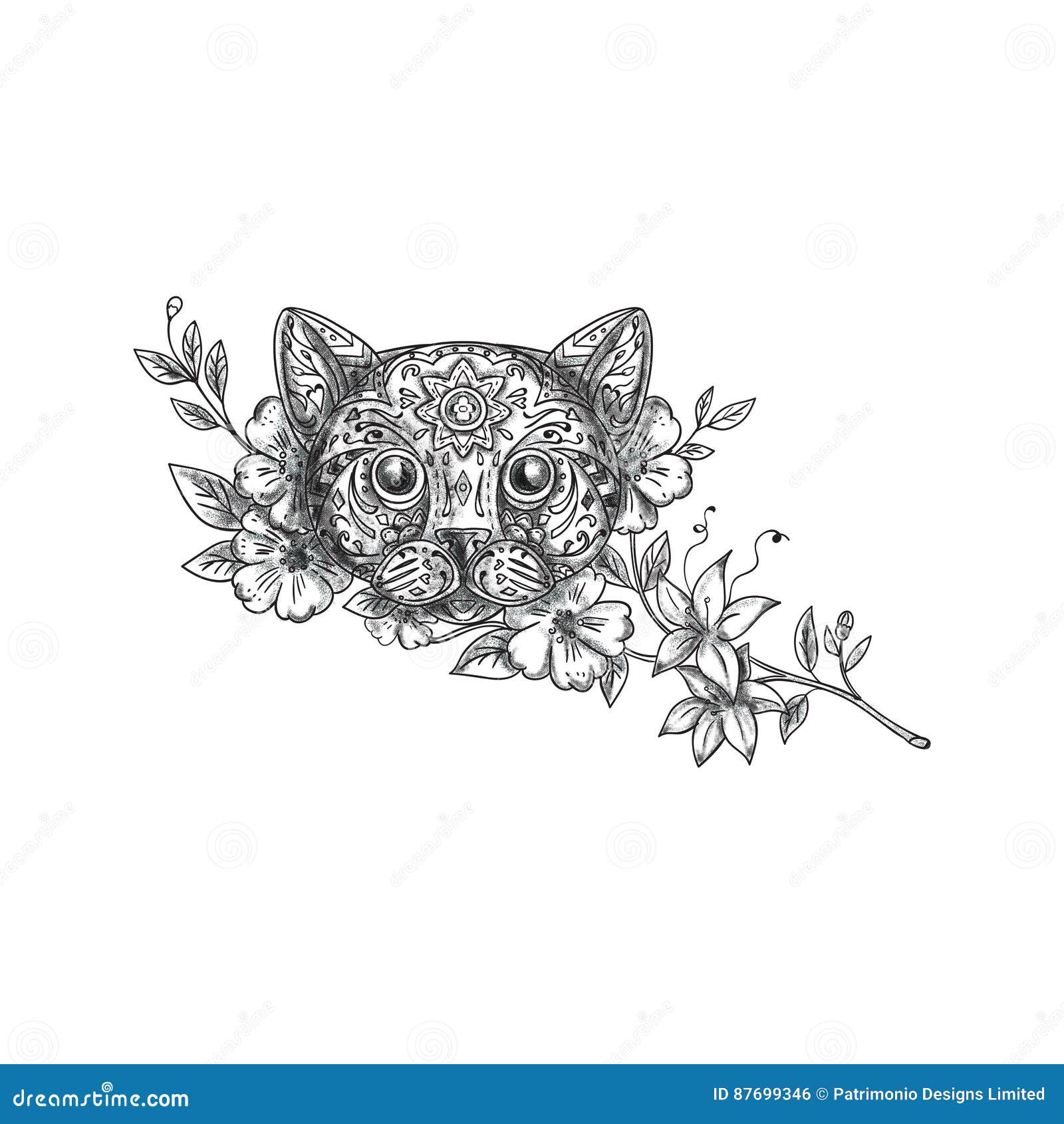 Cat Head Jasmine Flower Tattoo Stock Illustratie Illustratie