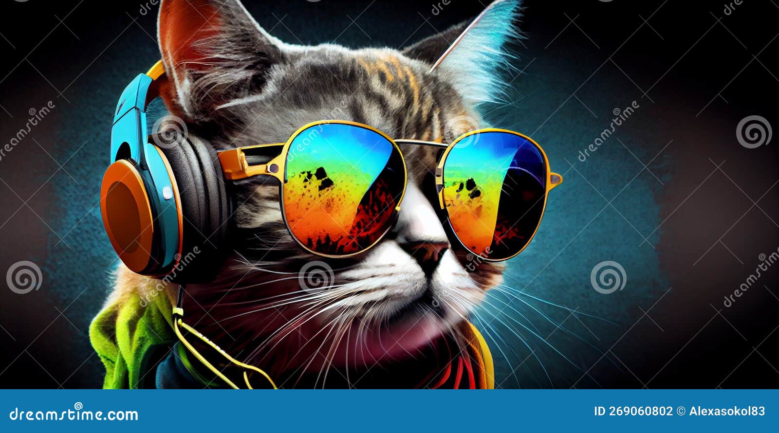 Cat in Headphone with Sunglasses in Bright Clothes Stock Illustration