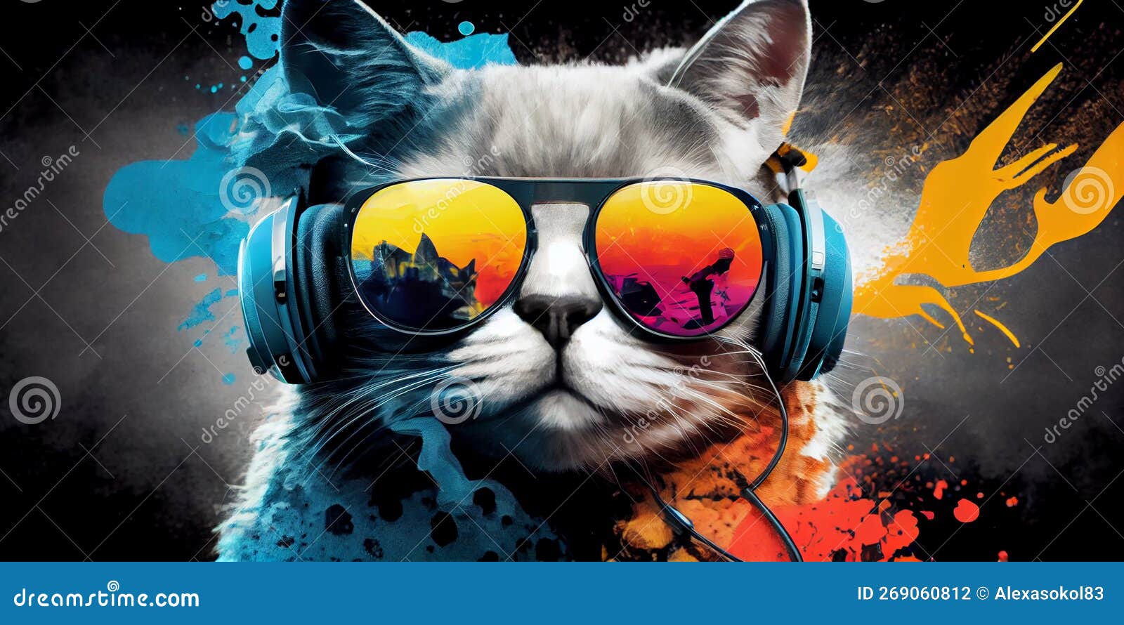 Cat in Headphone with Sunglasses in Bright Clothes Stock Illustration