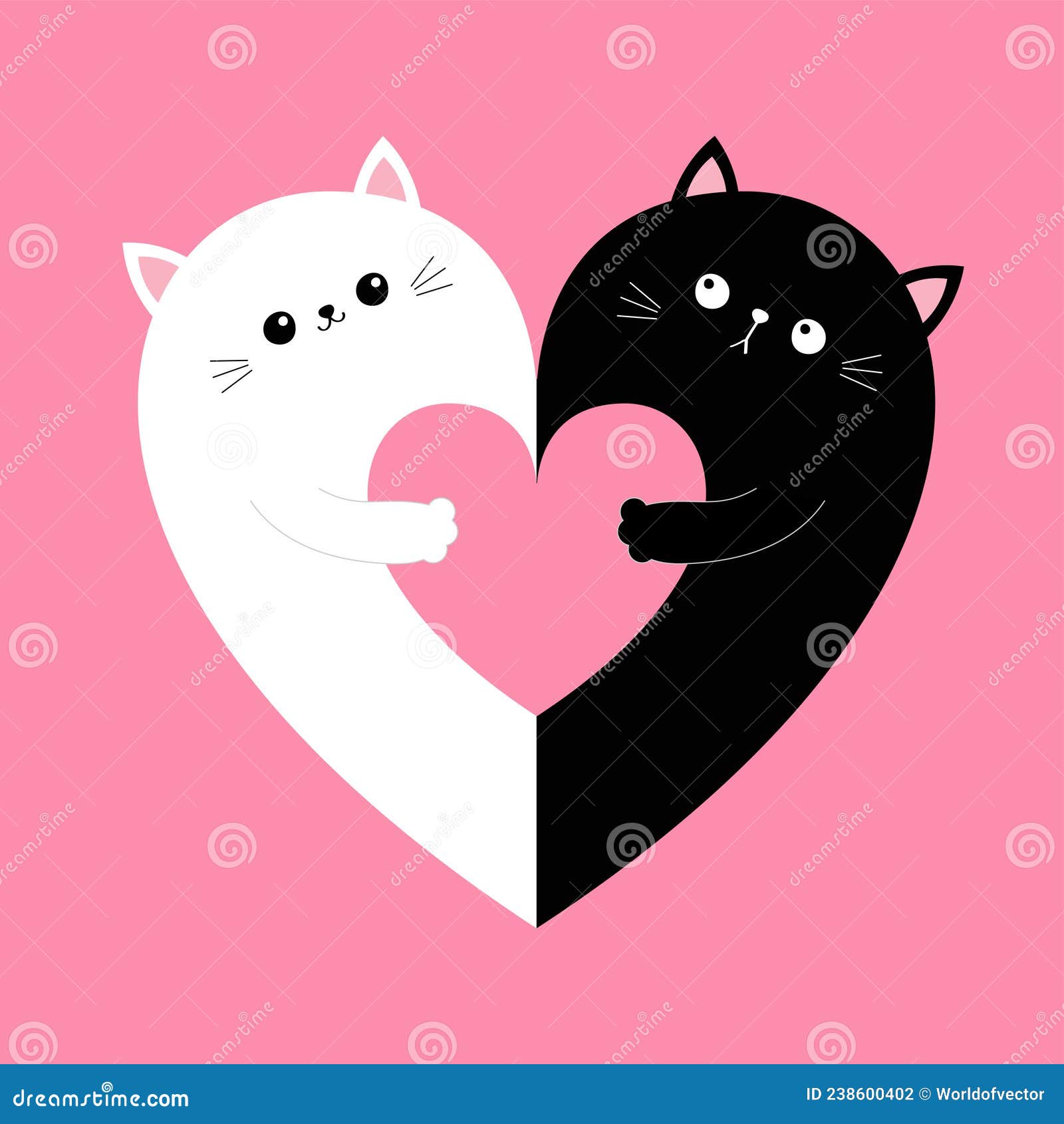 Cats hug. Valentine's day funny sleep cats in love. Japan cute couple.  Doodle animal vector. Vintage yin yang artwork. Kawaii silhouette. Happy  kitten hug icon. Mystic cat t-shirt art. Cartoon tattoo Stock