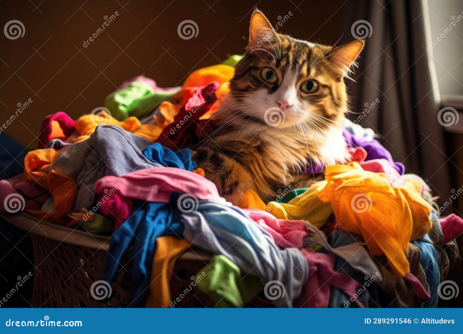 Cat Hitting a Pile of Laundry Off a Laundry Basket Stock Photo Image