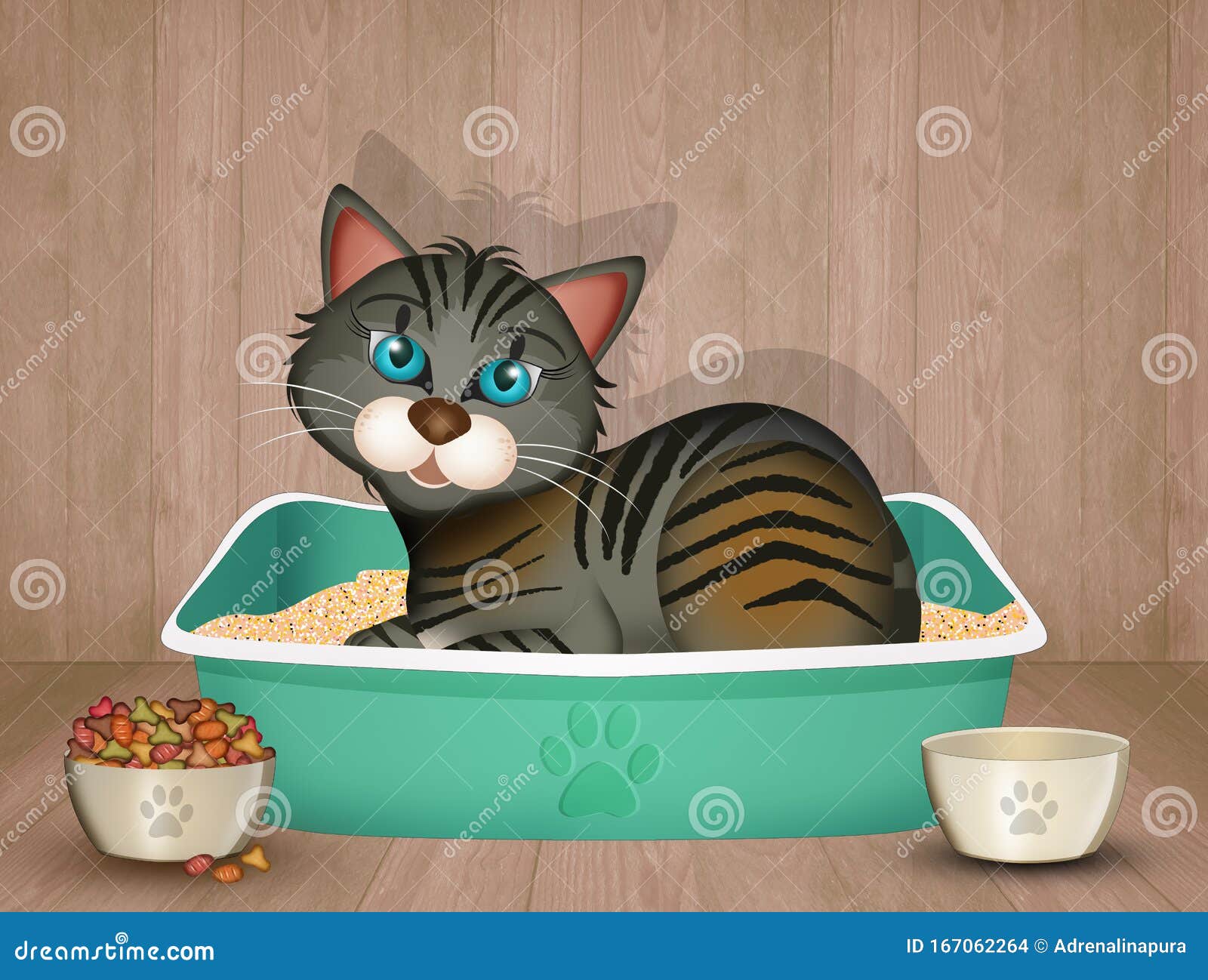 Cat in the litter box stock illustration. Illustration of croquettes