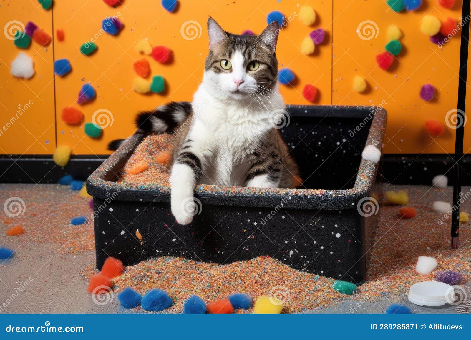 Cat in Litter Box with Paws Covered in Litter Granules Stock
