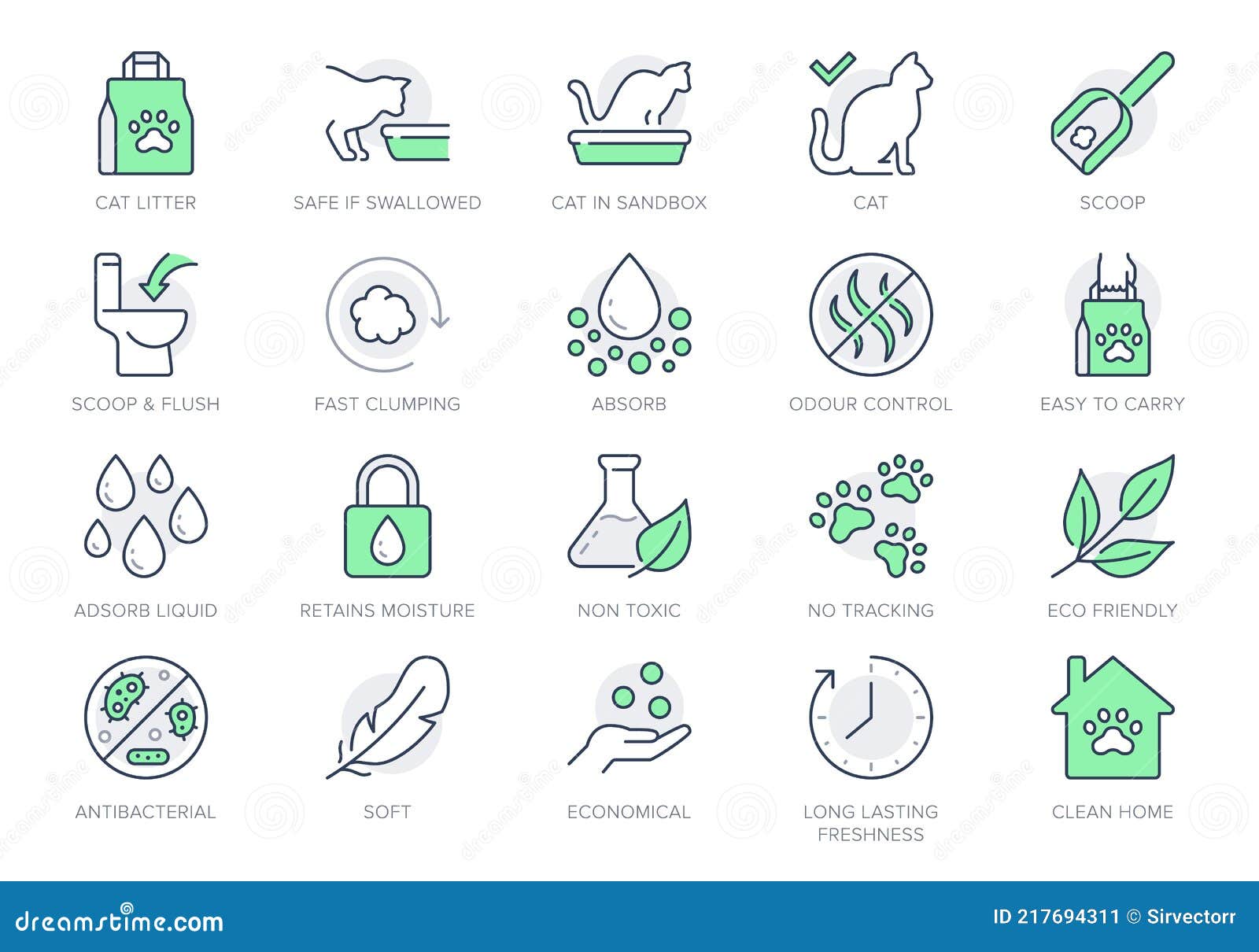 cat litter line icons.   include icon - sandbox, kitty tray filter, bag, biodegradable, natural