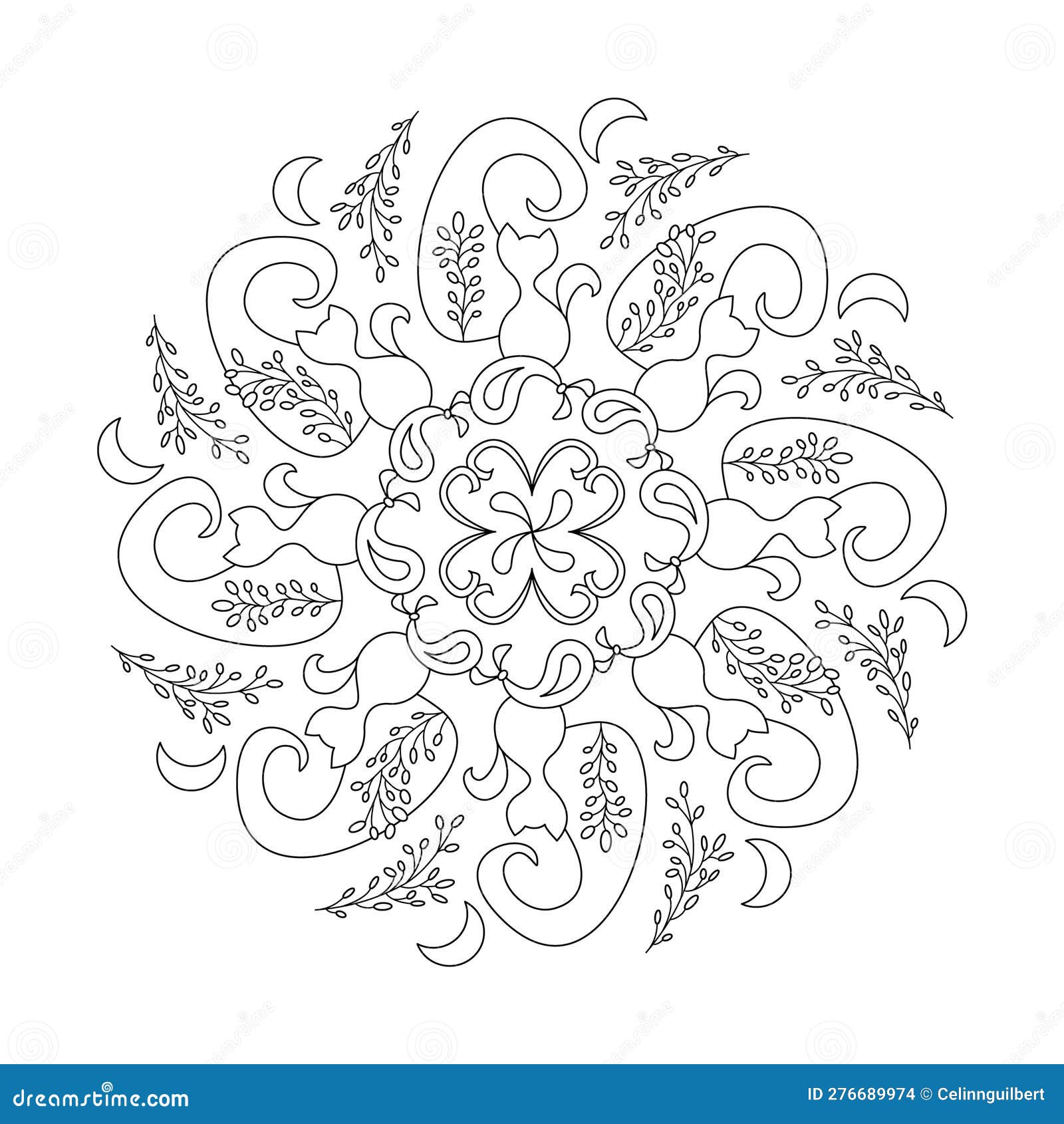Cat Mandala with Moon and Lavender. Coloring Page. Stock Vector