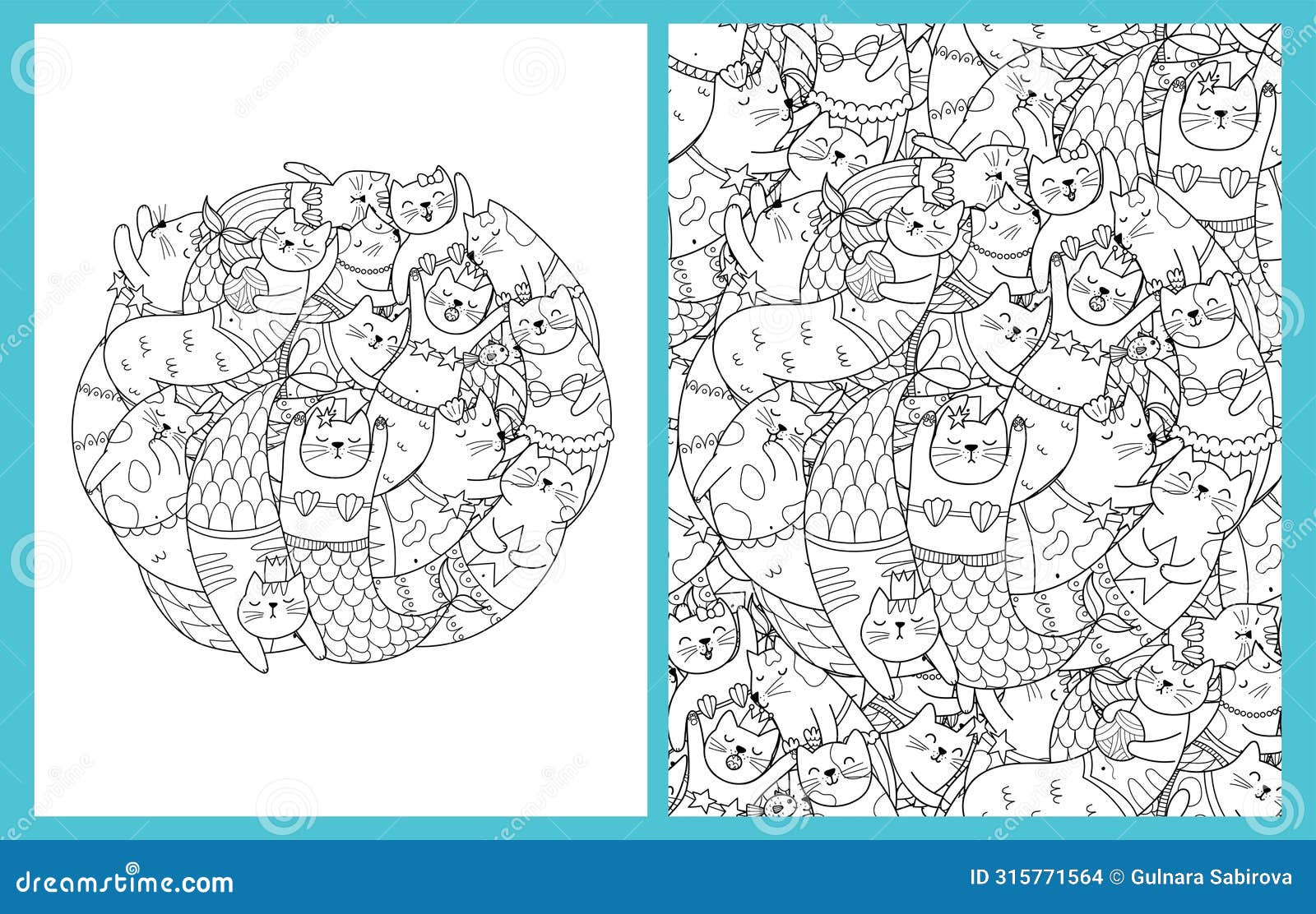 coloring pages set with cute mermaid cats. doodle feline animals templates for coloring book