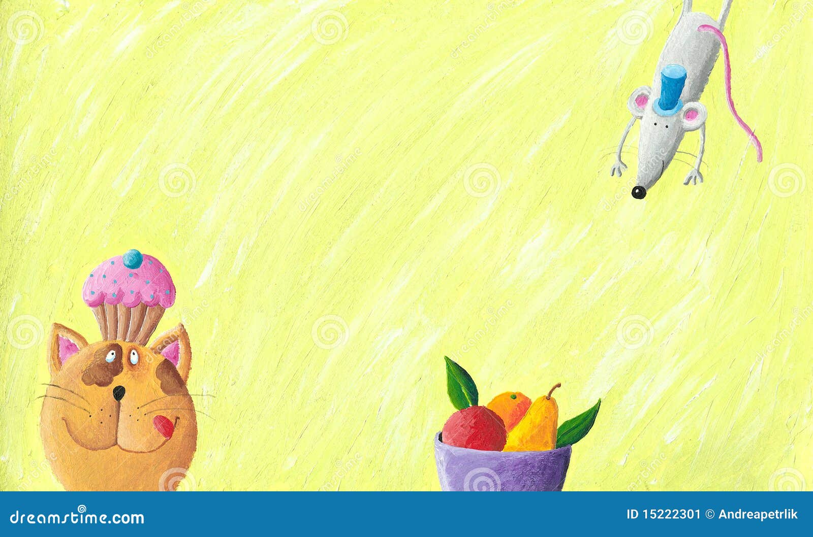Cat, Mouse and Bowl of Fruit Stock Illustration Illustration of happiness, child 15222301