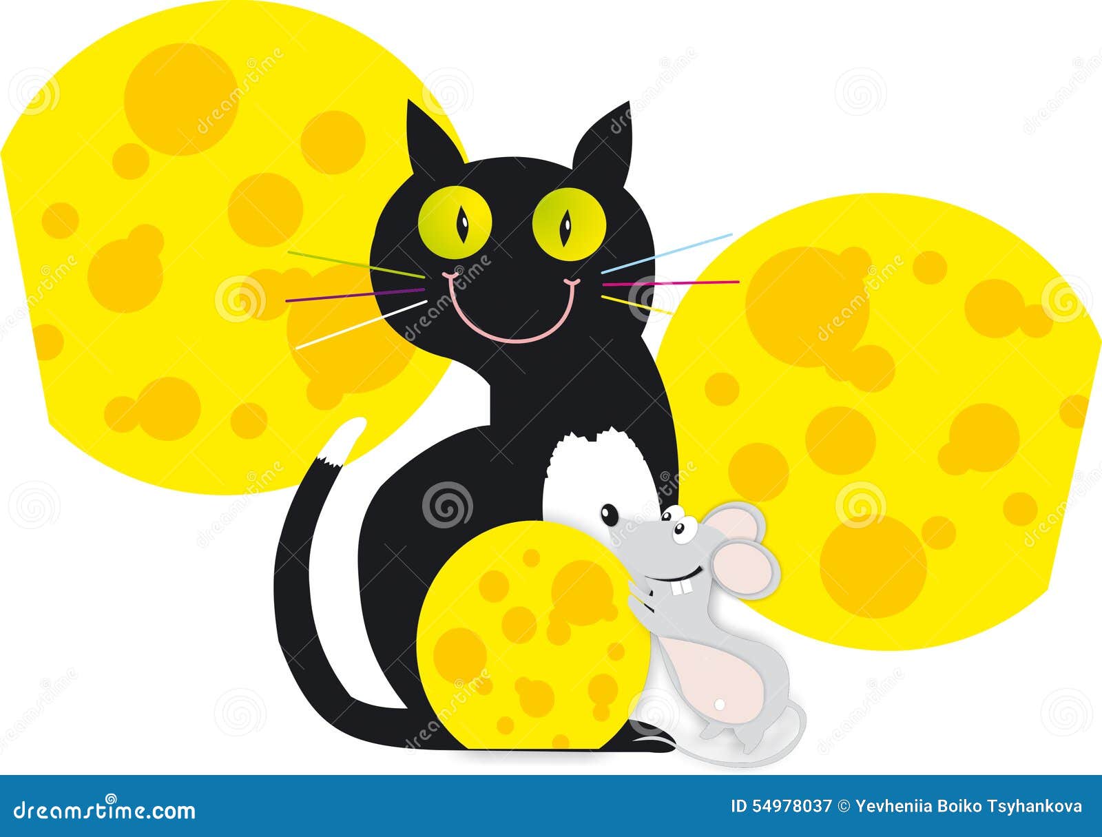 Cat Mouse Cheese Moon Two One Yellow Black Grey Stock Illustration