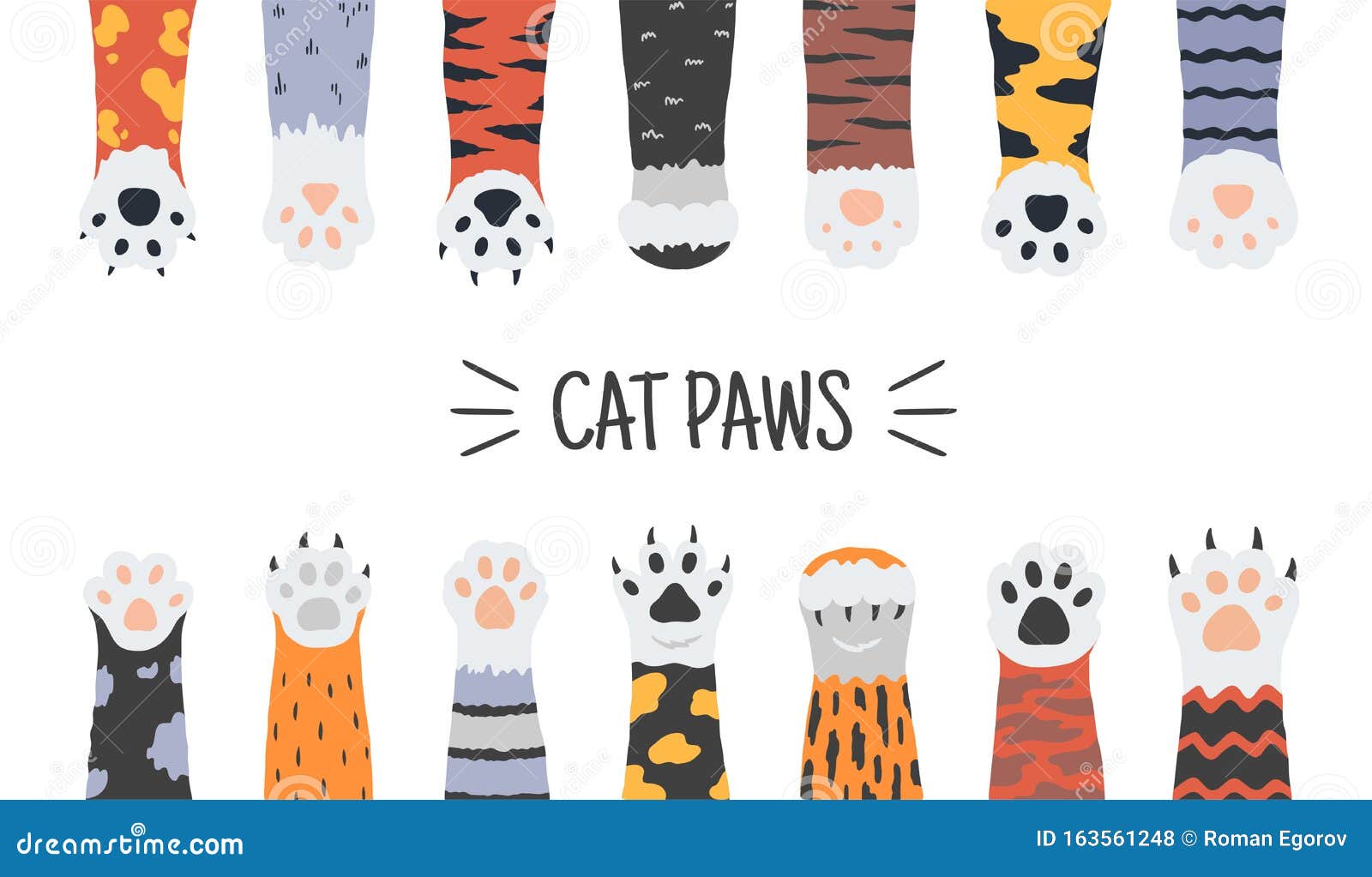 cat paws. hand drawn funny puppies and kittens claws and foots, wild animals and pets paws.  doodle cartoon dog