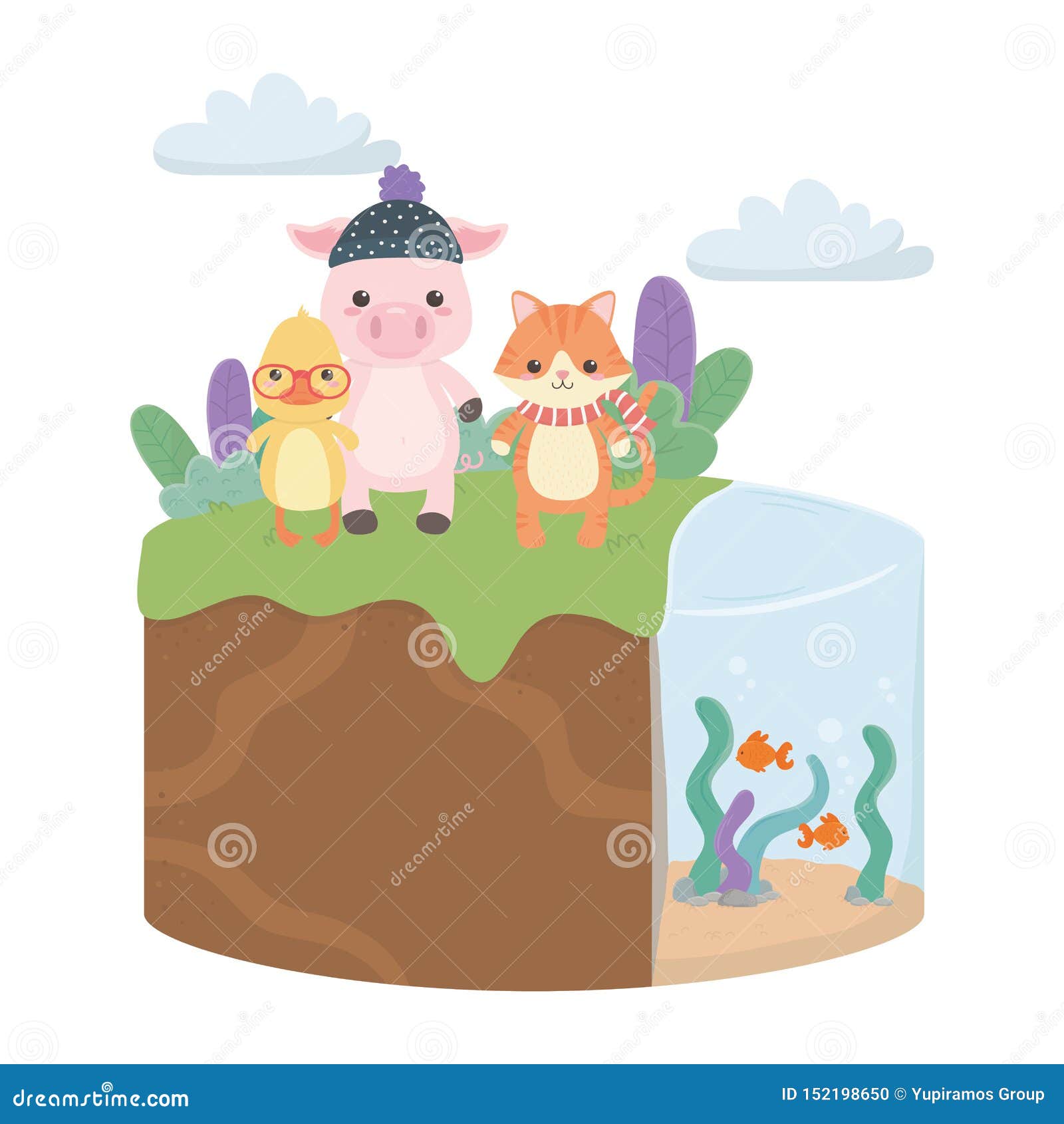 Cat Pig and Duck Cartoon Design Stock Vector - Illustration of shrubs,  simple: 152198650