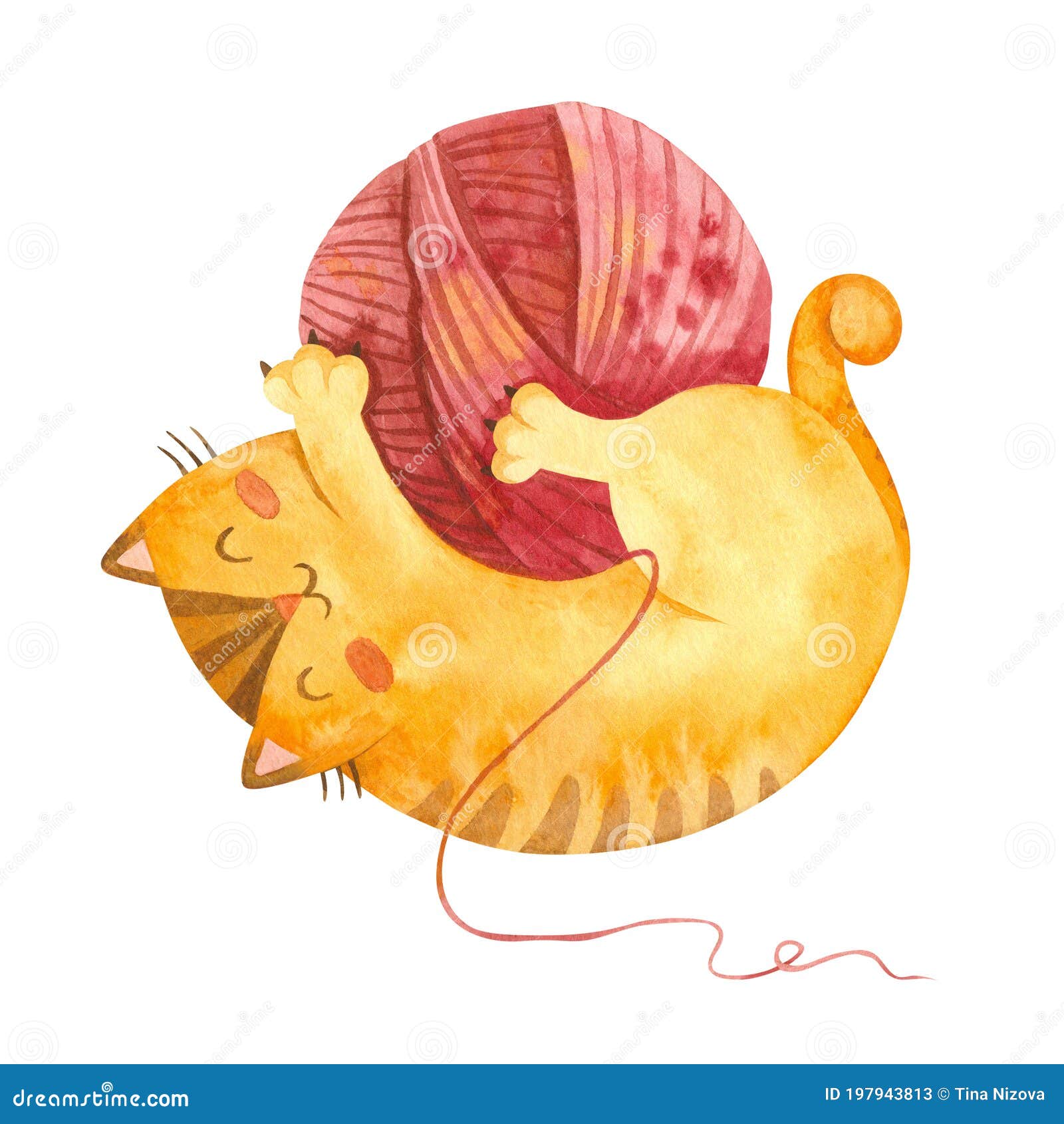 cat playing with yarn ball. cute playful kitten character. cozy postcard.