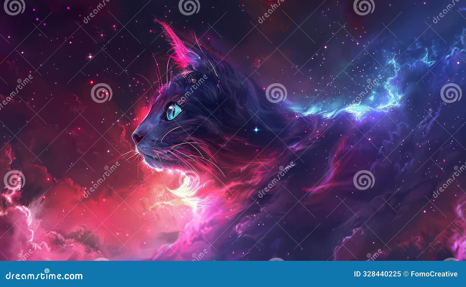 a cat's profile silhouetted against a cosmic nebula