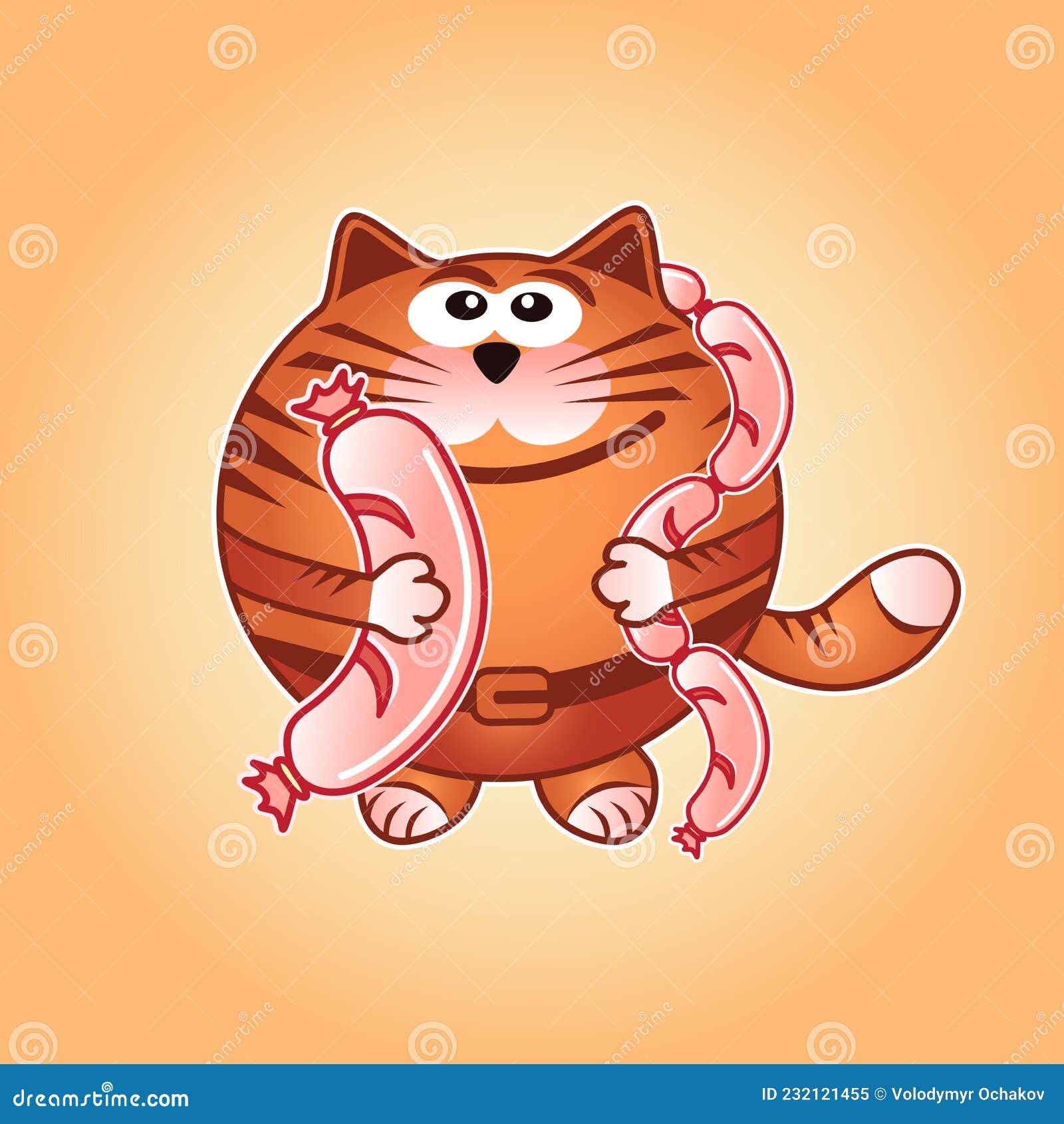 fed happy smiling cat with sausages and frankfurter