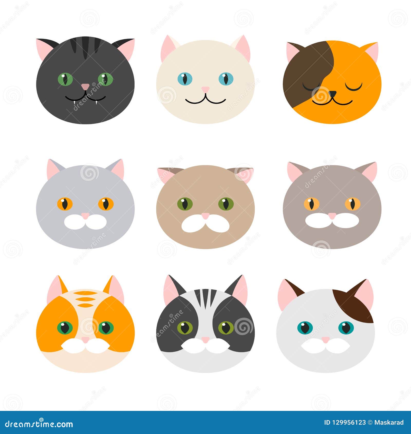 Set Of Cute Cats Icons, Vector Flat Illustrations. Animals Breeds