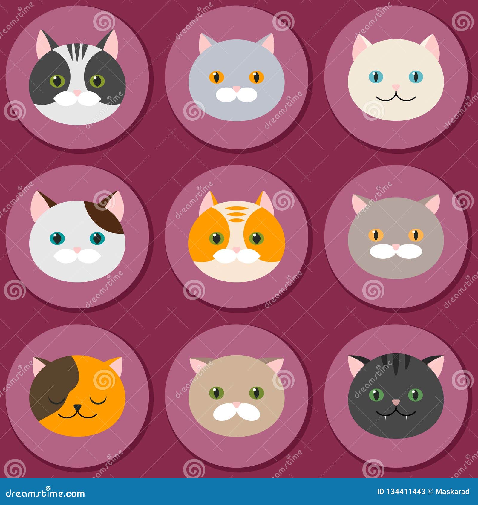 cat. set of flat feline head icons. 