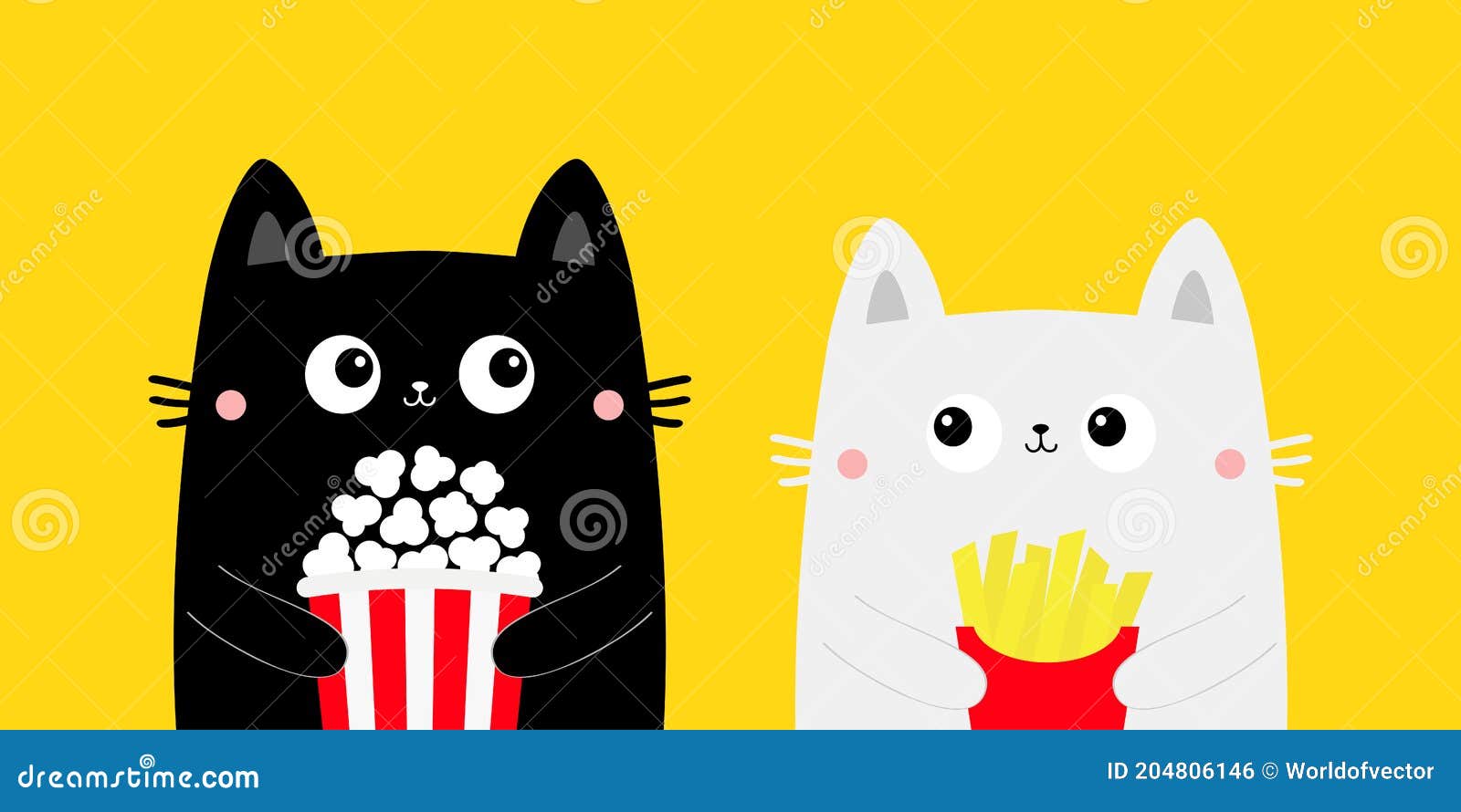 Cat Set. Popcorn, French Fries. Cute Cartoon Funny Character. Black White  Kitty. Cinema Theater. Film Show Stock Vector - Illustration of kitten,  moustaches: 204806146