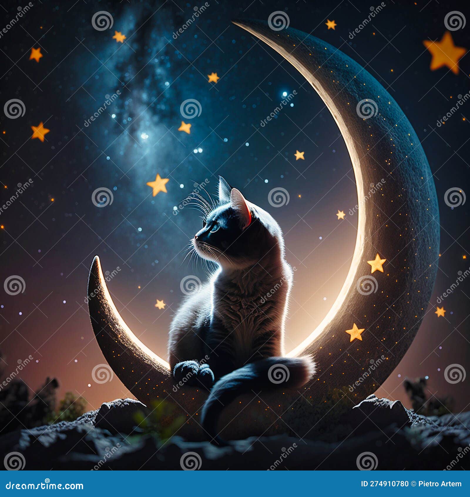 a cat sits on a crescent moon with stars, generative ai