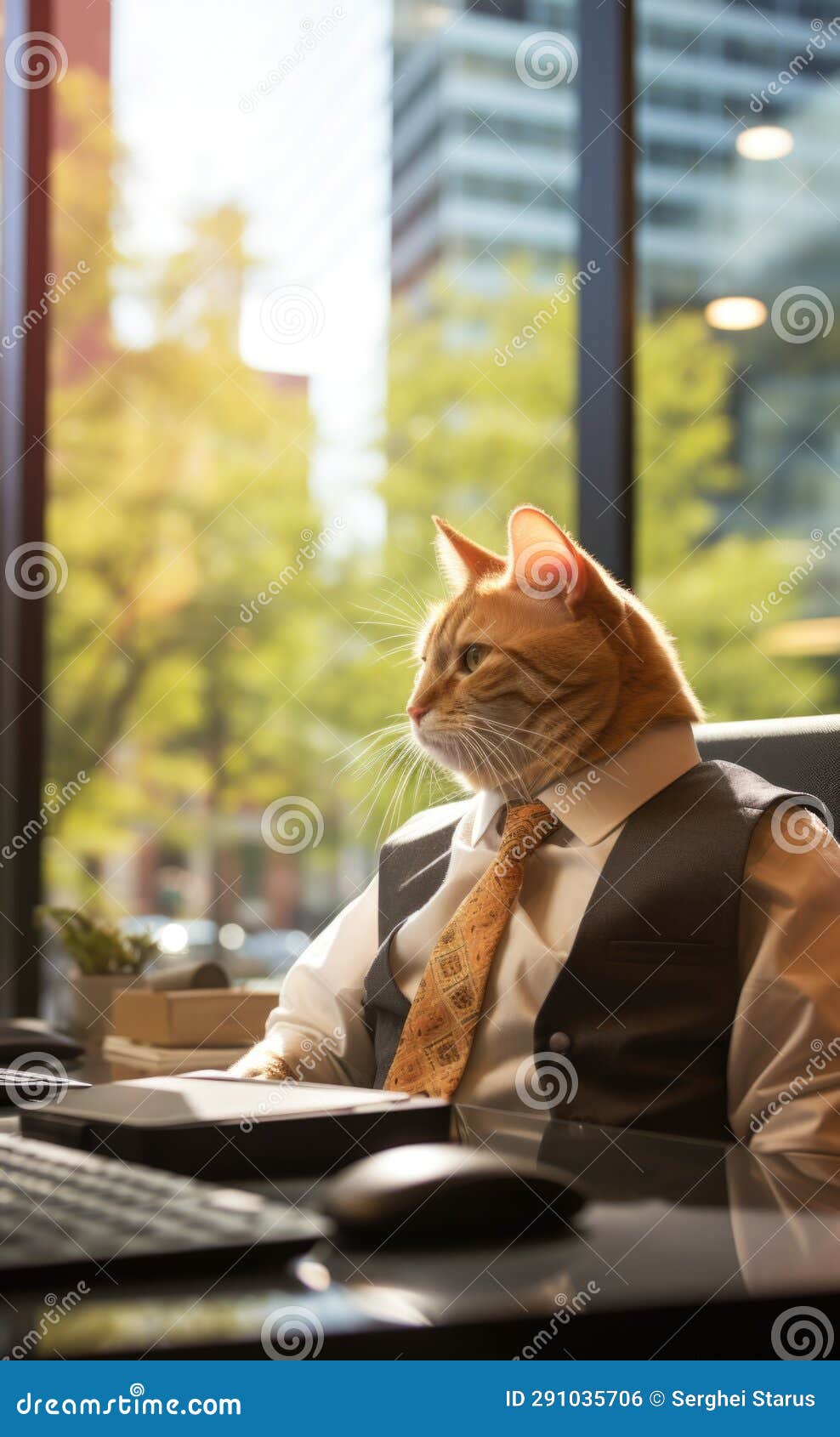A Cat Sitting at a Desk, AI Stock Photo Image of indoors, lifestyles