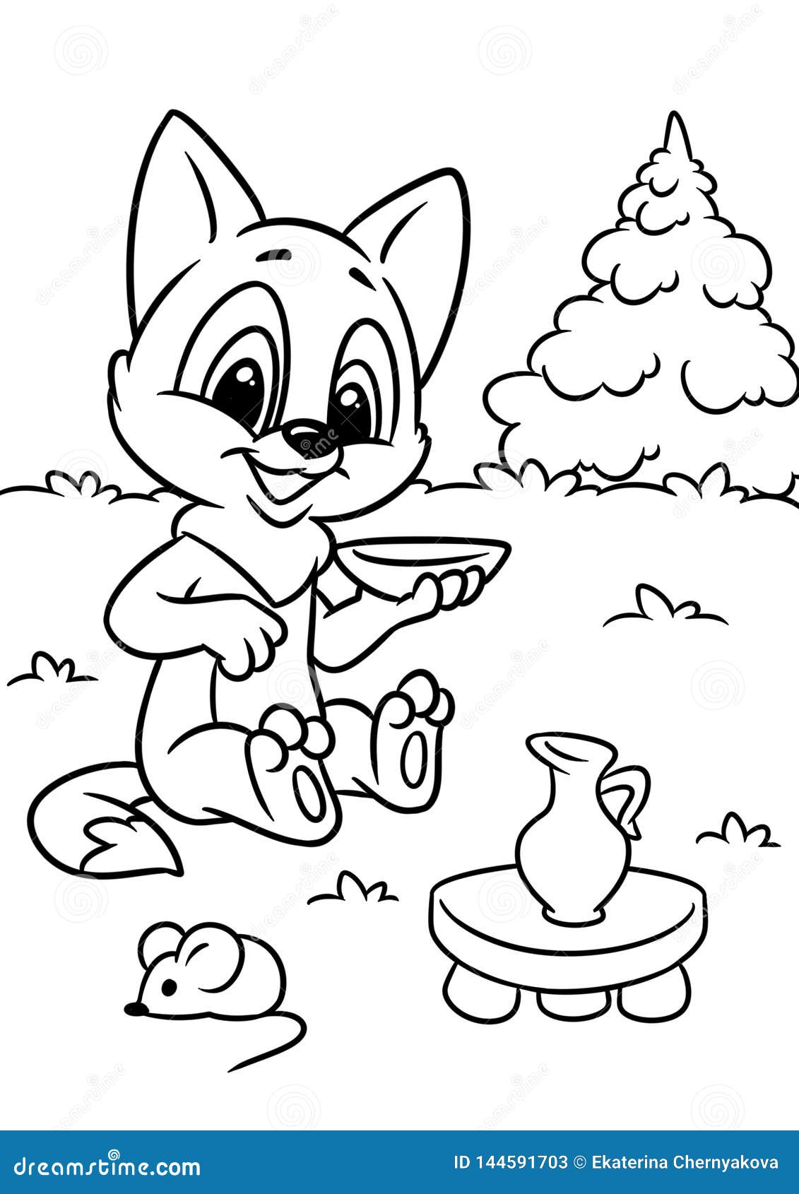 Cat Sitting Drinking Milk Cartoon Illustration Coloring Page Stock