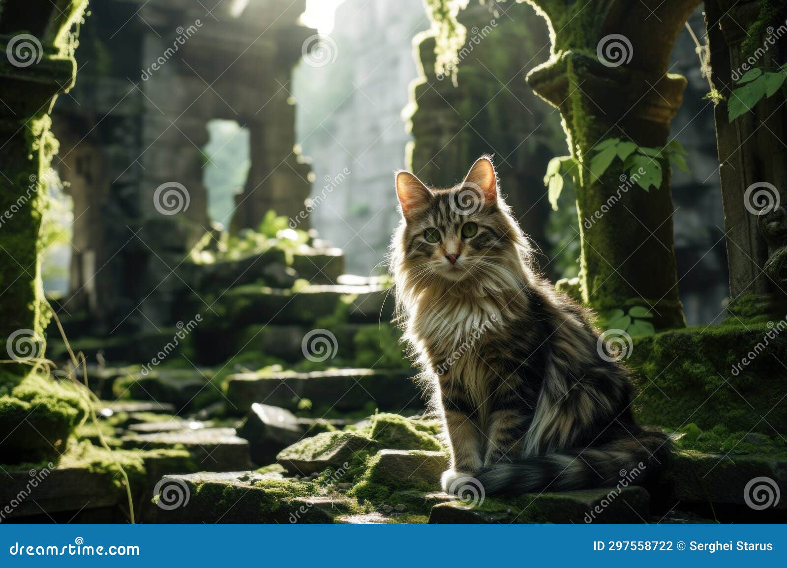 A Cat Sitting on a Stone Wall in an Old Ruin, AI Stock Photo Image of